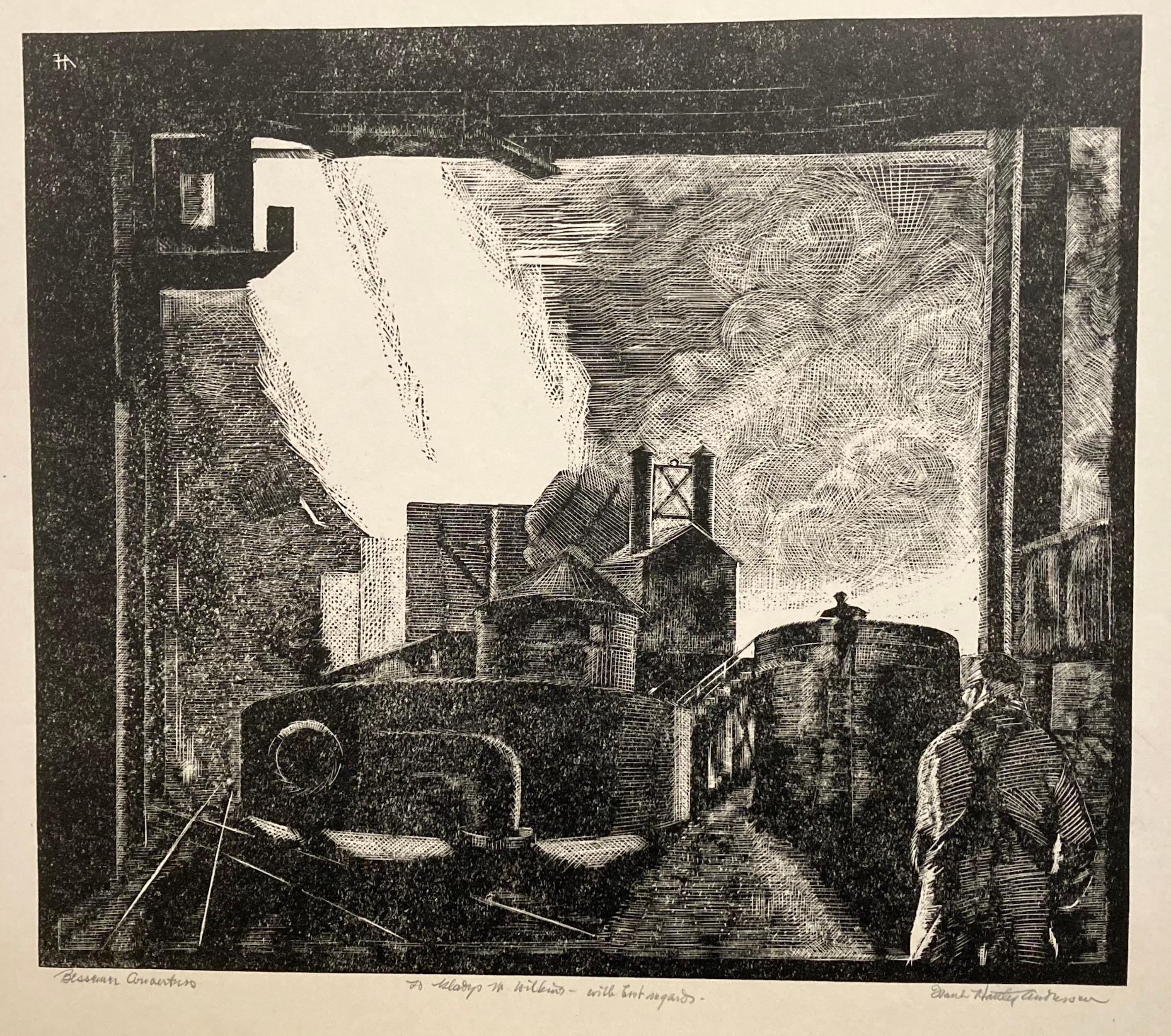 There's nothing like a great American industrial scene! And this print has it all: smoke, flames, heavy machinery, and an archway through which to view everything. Signed and titled in pencil. And extensively dedicated to the artist Gladys