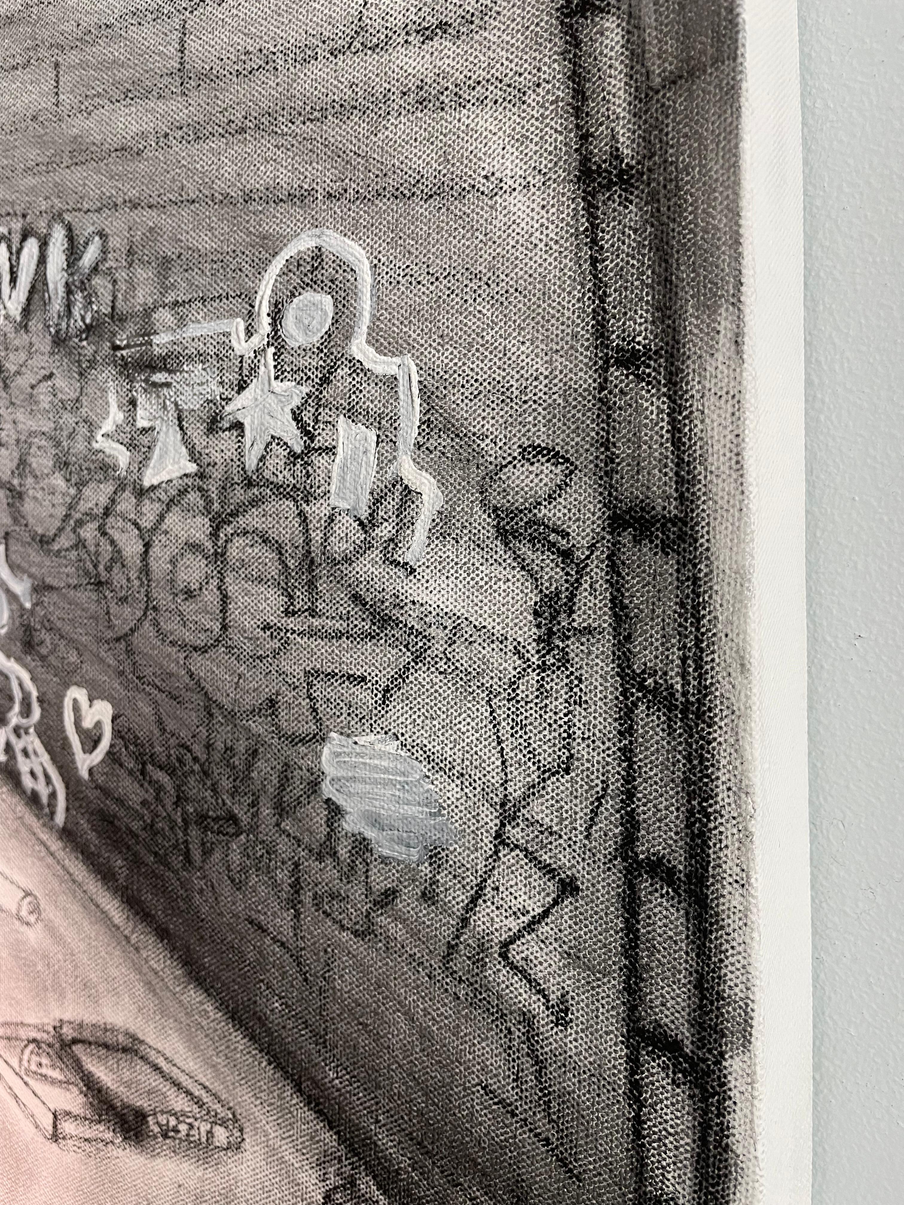 LUOGO SPECIALE SEGRETO - pittura street art su tela in b/n acrilico e carboncino - Figurative Painting Grigio di Frank Ape
