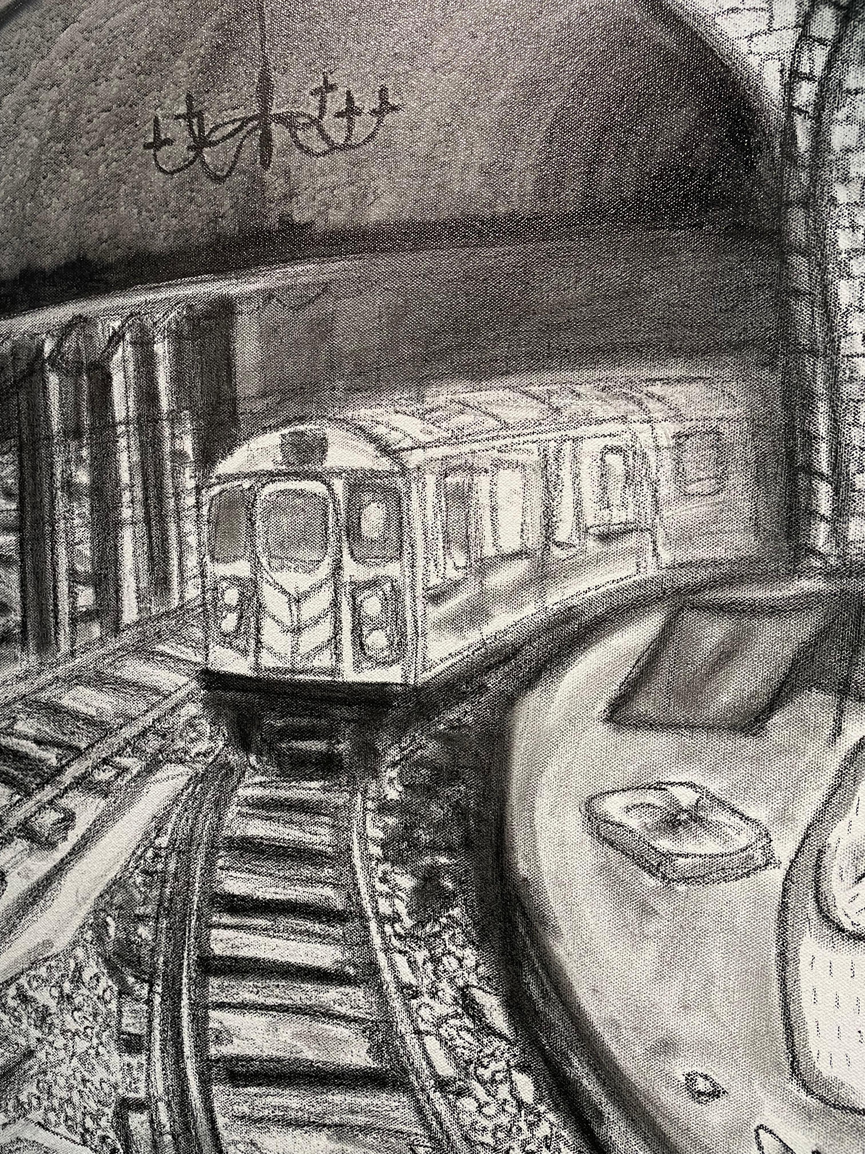 LUOGO SPECIALE SEGRETO - pittura street art su tela in b/n acrilico e carboncino in vendita 3