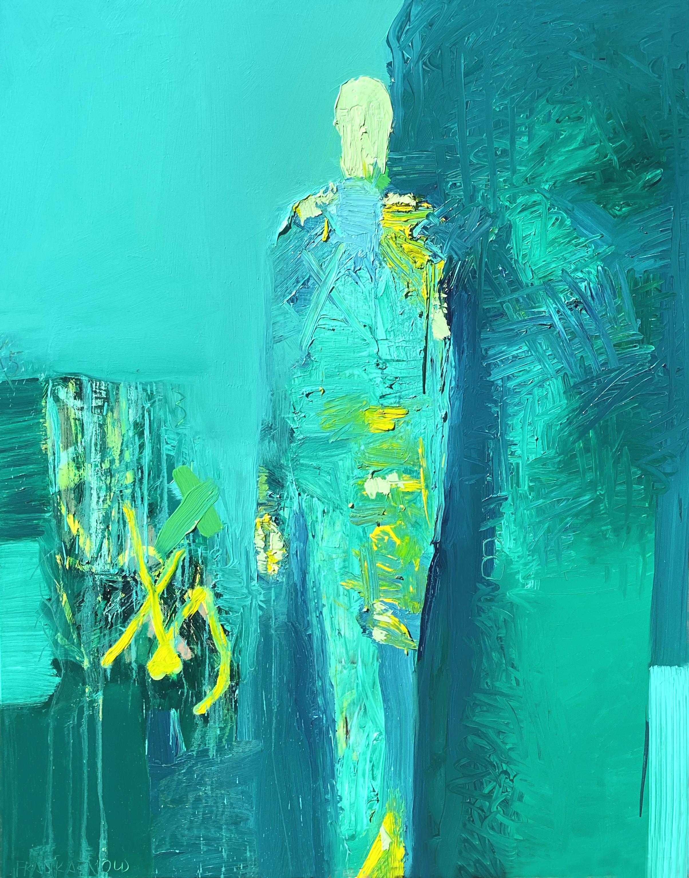 "2X8" correspond à 60" x 48". Les jaunes, les verts, les aquas et les bleus sont combinés à la main lourde, aux coups de pinceau et de couteau qui caractérisent la plupart des œuvres de cet artiste. Les peintures de Frank Arnold utilisent des