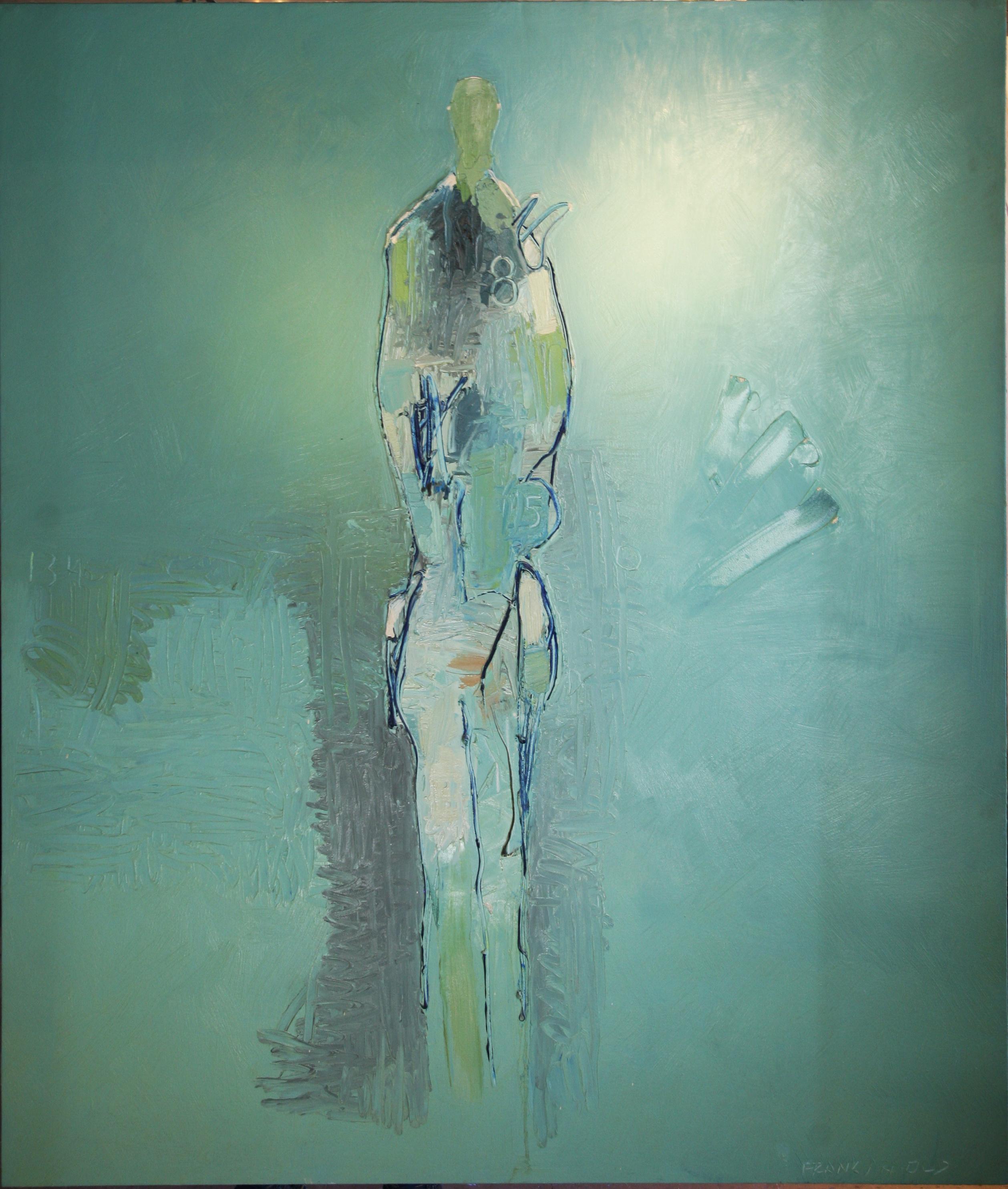 "850" mide 72" x 60". Los verdes, grises y azules ahumados se combinan con la mano pesada, las pinceladas y las cuchilladas que caracterizan gran parte de la obra de este artista. Los cuadros de Frank Arnold exhiben materiales de la más alta calidad