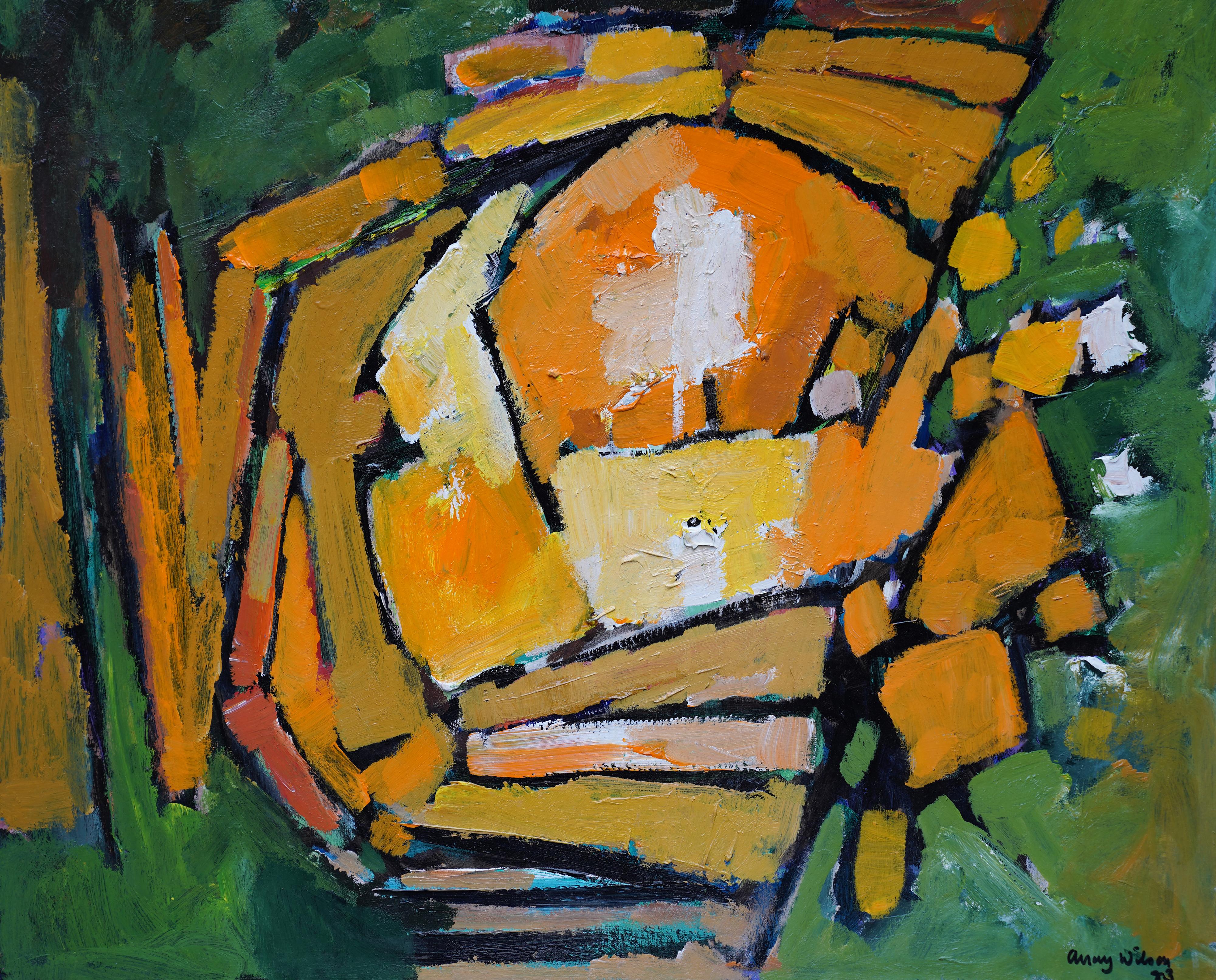 Abstract 1983 - Green Yellow - British 20th century Action art oil painting  - Painting by Frank Avray Wilson 