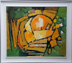 Vintage Abstract 1983 - Green Yellow - British 20th century Action art oil painting 