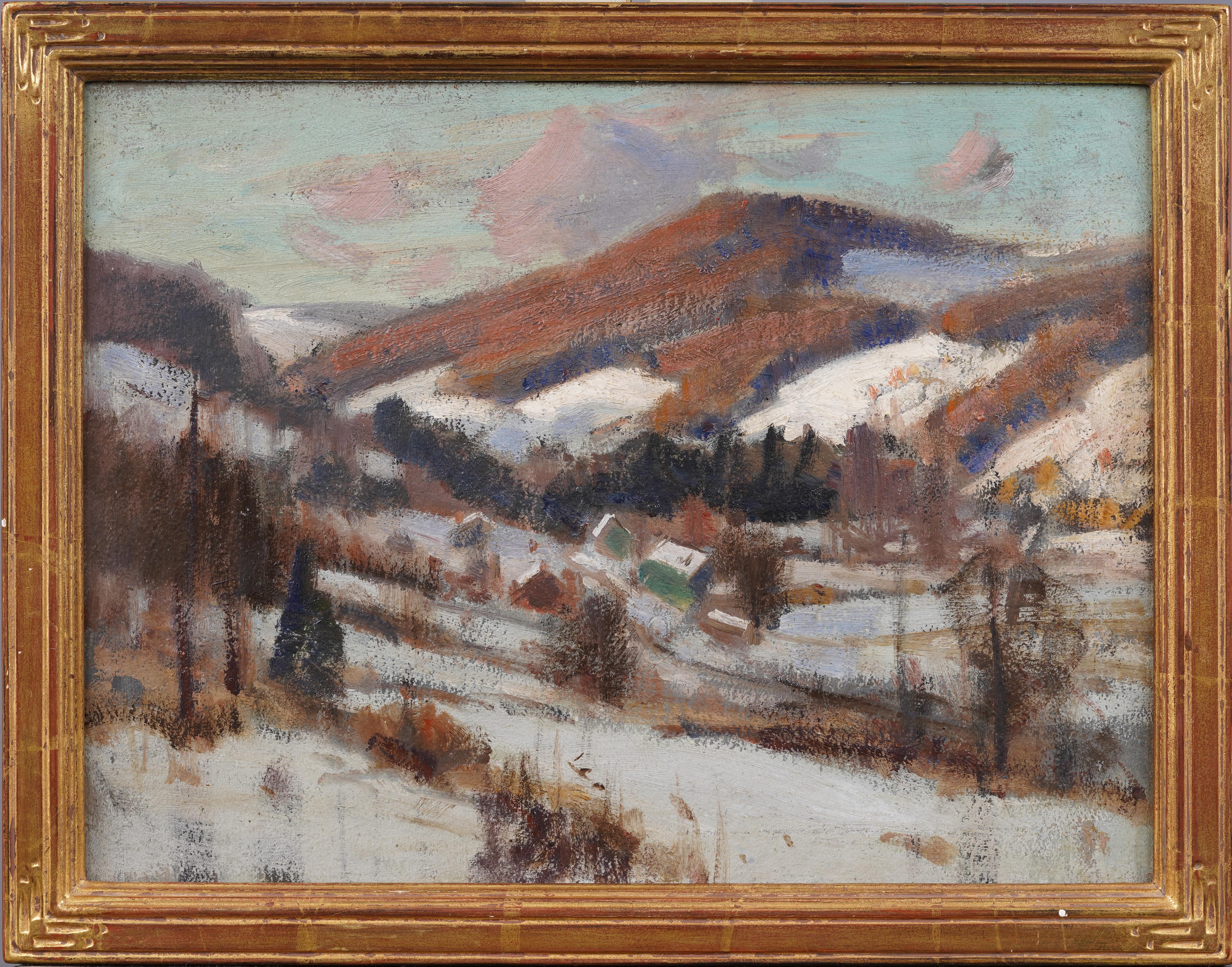 Antico dipinto a olio con cornice dell'impressionista americano Finger Lake Winter Snow Scene - Painting di Frank Barney