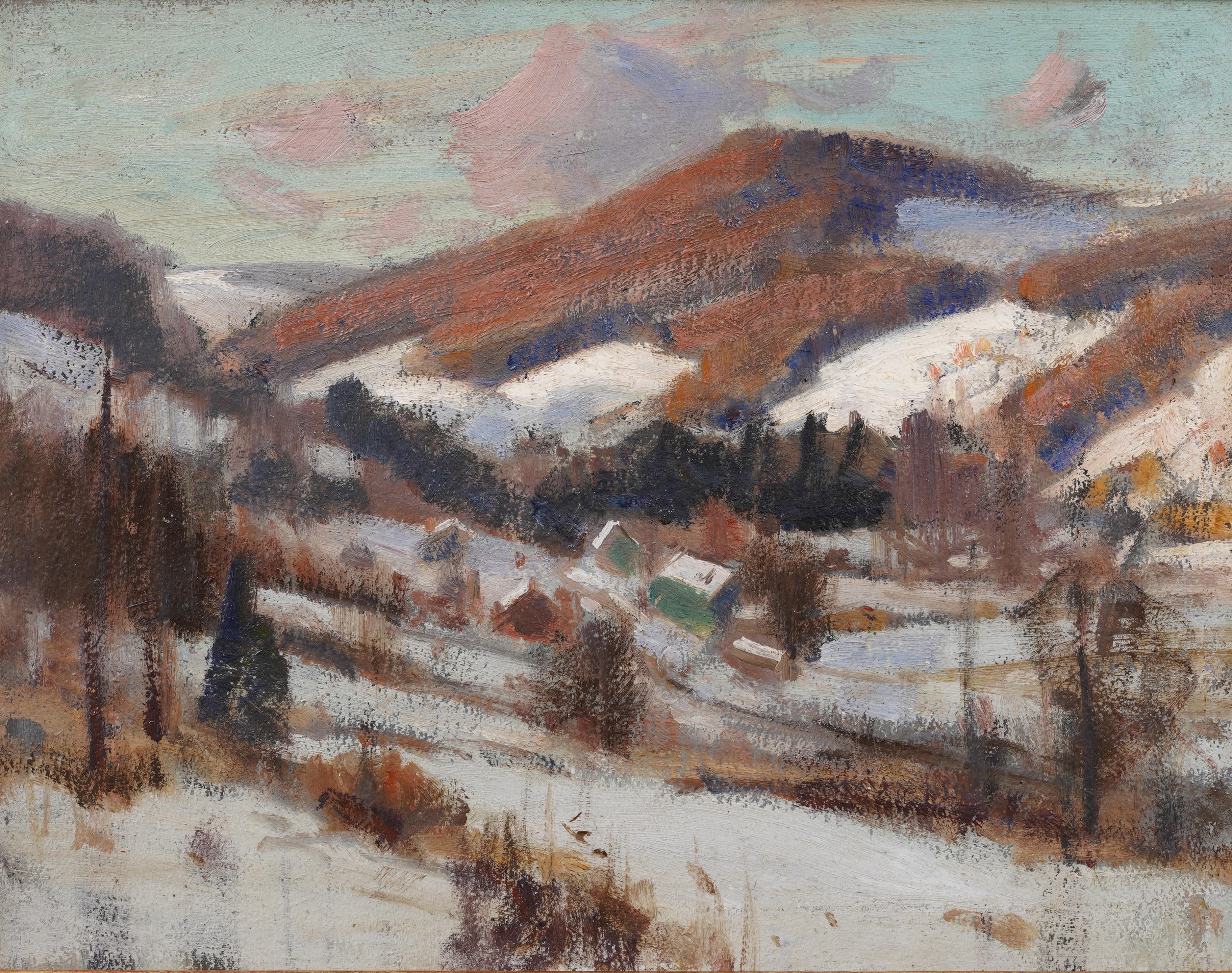 Antico dipinto a olio con cornice dell'impressionista americano Finger Lake Winter Snow Scene - Landscape Painting Marrone di Frank Barney