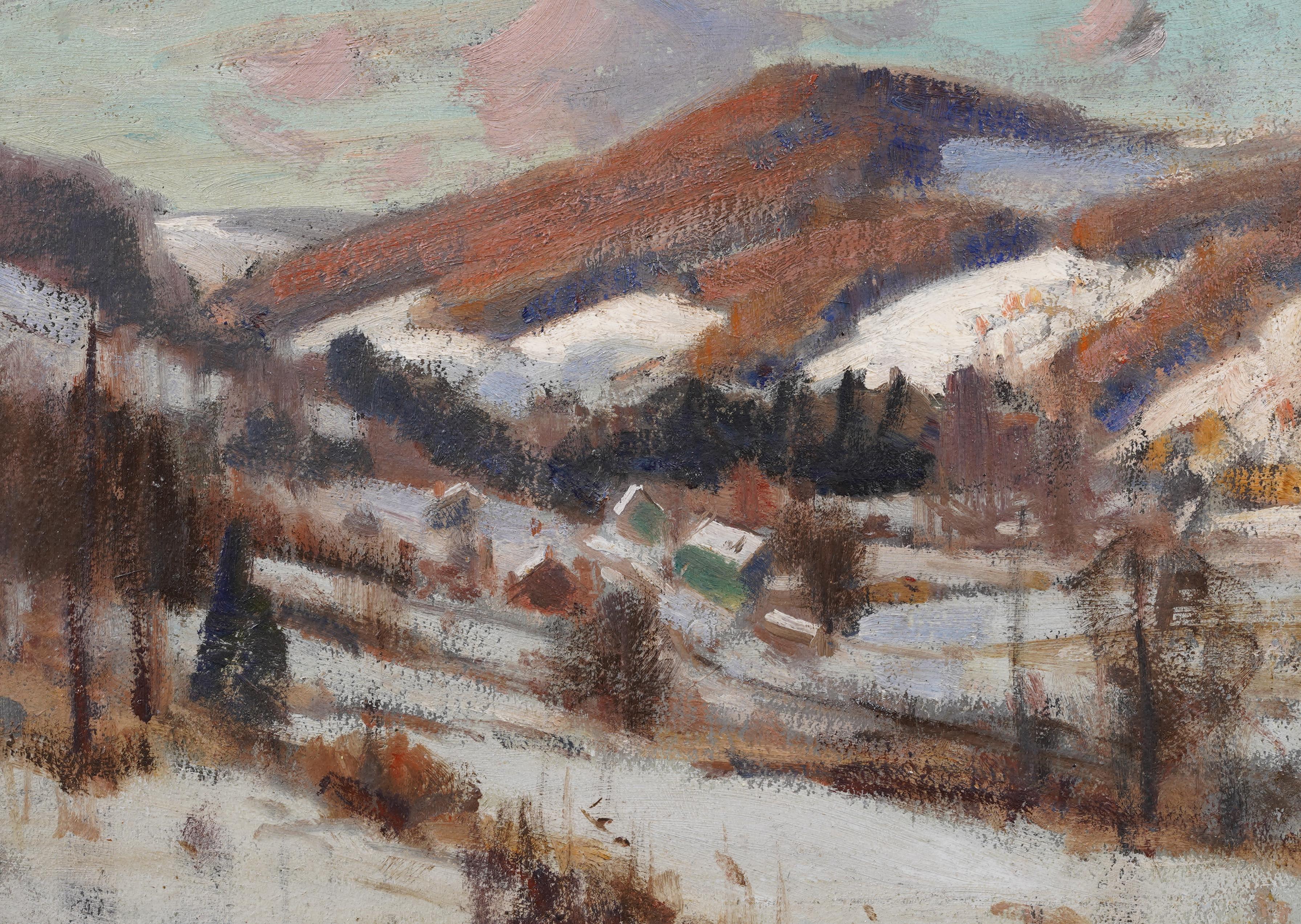 Impressionante paesaggio invernale del primo periodo impressionista americano di Frank A. Barney (1862 - 1954).  Incorniciato.  Olio su tavola.  Senza segno.  Dimensioni dell'immagine, 12H per 16L.
