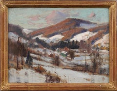 Antico dipinto a olio con cornice dell'impressionista americano Finger Lake Winter Snow Scene