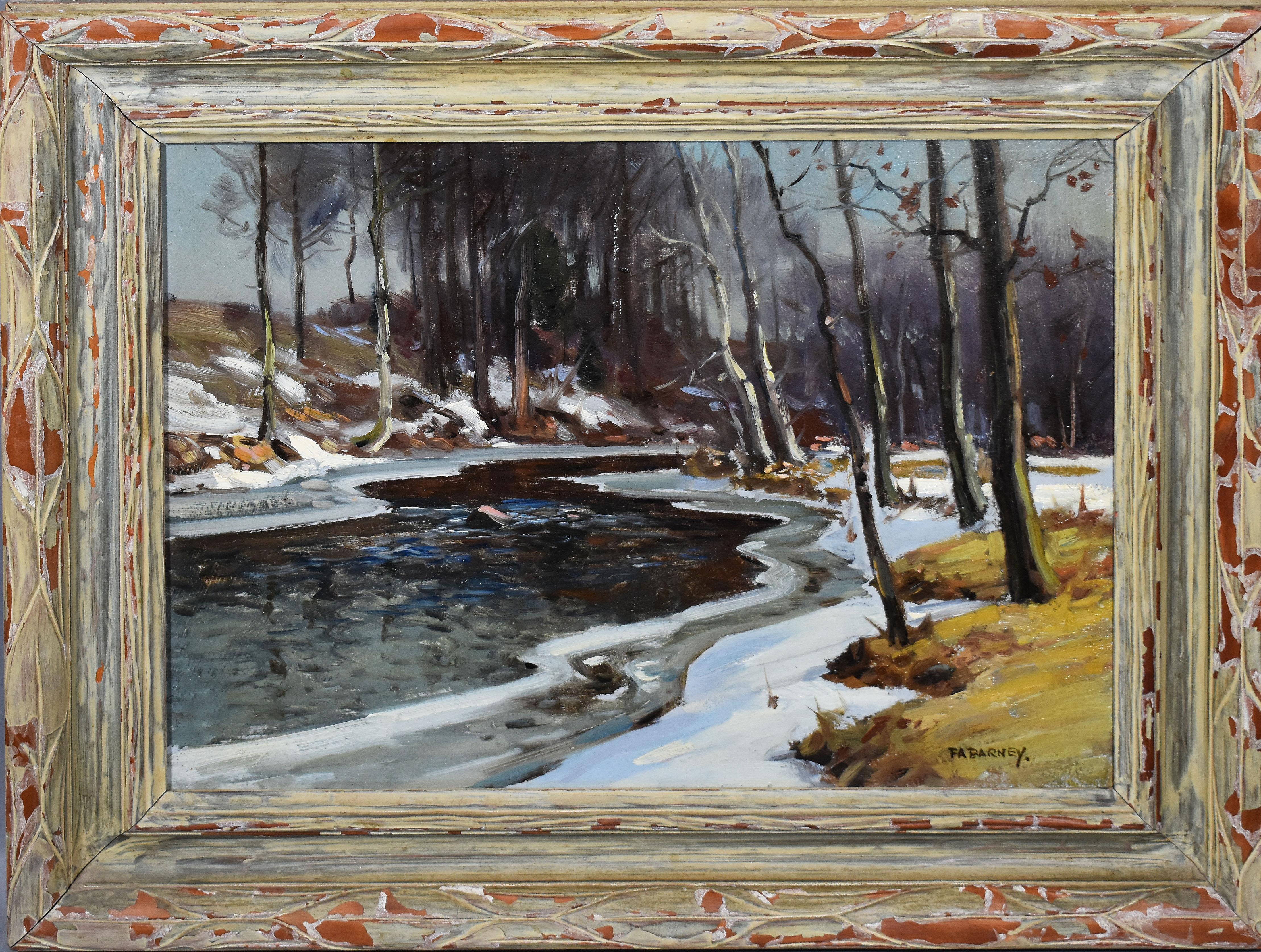 Frank Barney Landscape Painting - Antique American Impressionist Winter Landscape Signed Finger Lakes Oil Painting