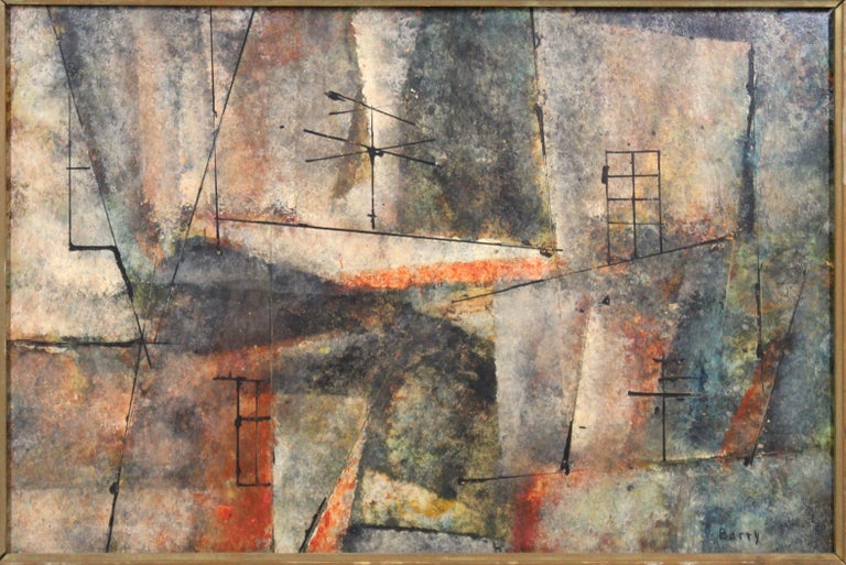 Mid-Century Modern abstract oil on Masonite painting by Frank Barry (1913 England - 2013 Canada). The piece depicts an abstract view of buildings and has its original wood frame. Signed by the artist in the lower right corner and on the back