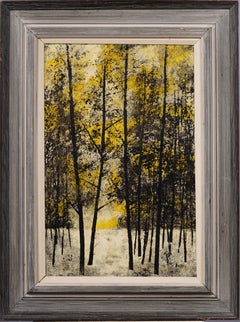 Grande dipinto ad olio antico modernista americano astratto con cornice, paesaggio forestale