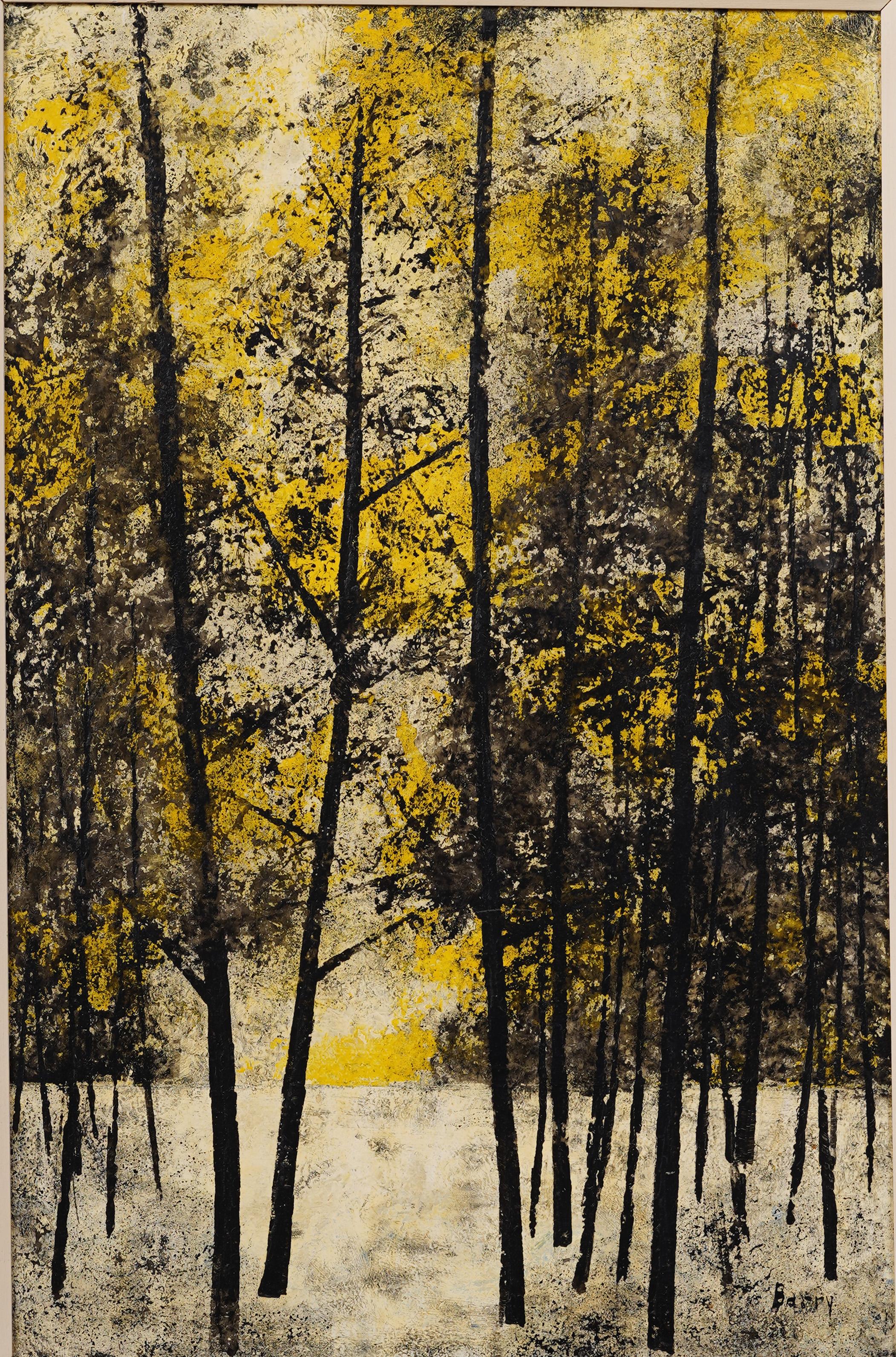 Grande dipinto ad olio antico modernista americano astratto con cornice, paesaggio forestale - Painting Astratto di Frank Barry