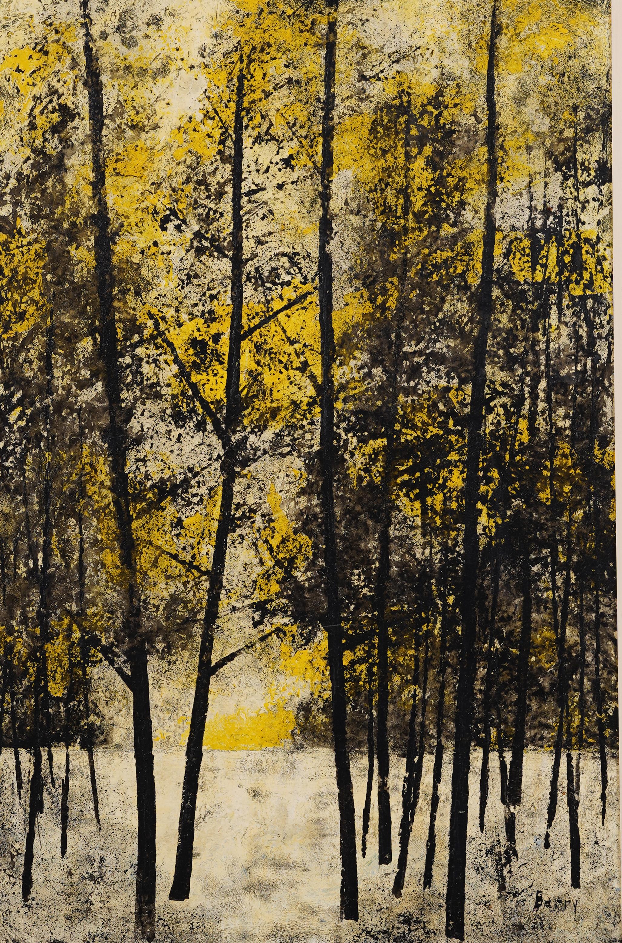 Grande dipinto ad olio antico modernista americano astratto con cornice, paesaggio forestale - Abstract Painting Grigio di Frank Barry