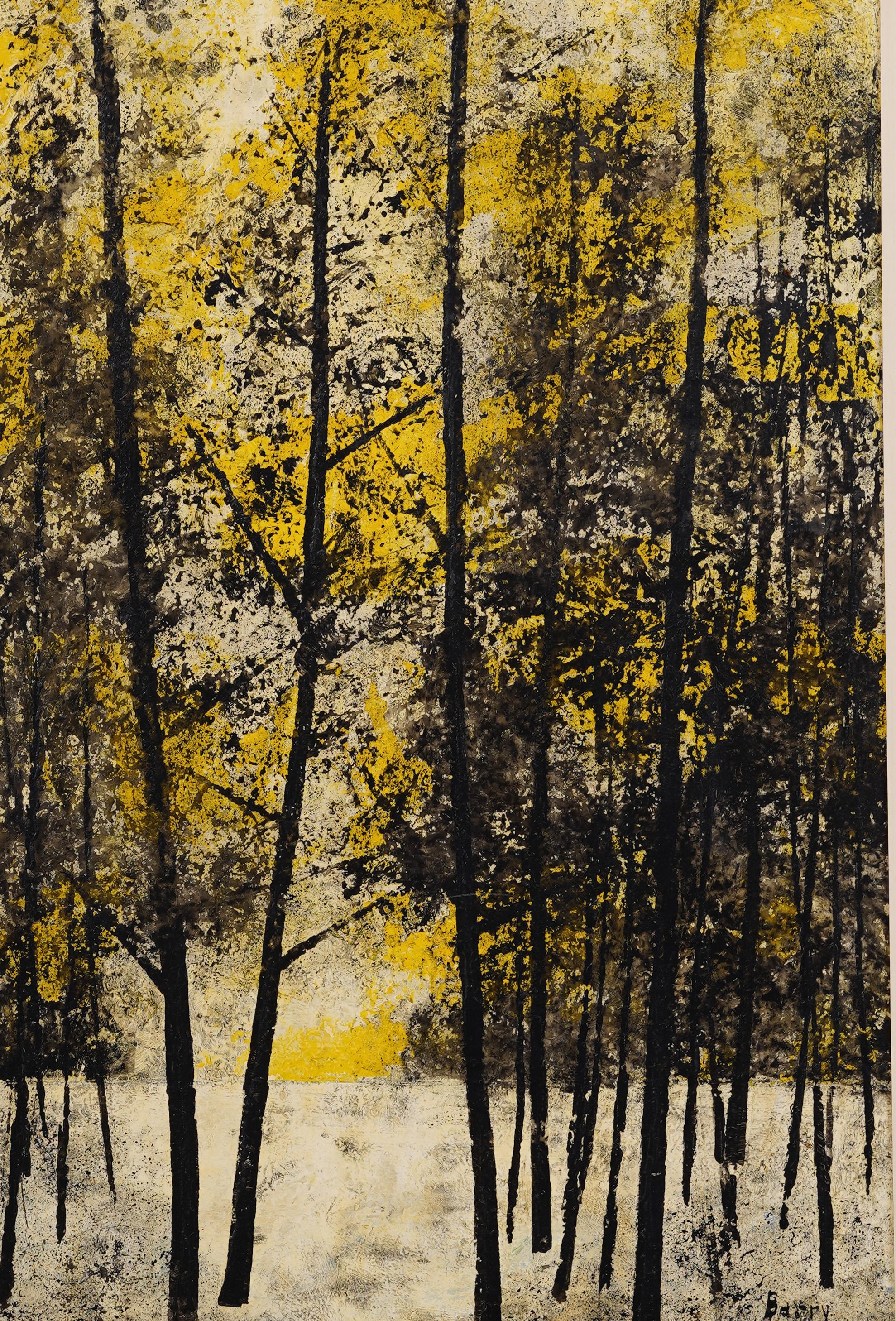 Impressionante dipinto a olio di paesaggio forestale del primo modernismo americano.  Incorniciato.  Olio su tavola.  Firmato.  Dimensioni dell'immagine, 24H per 16L.