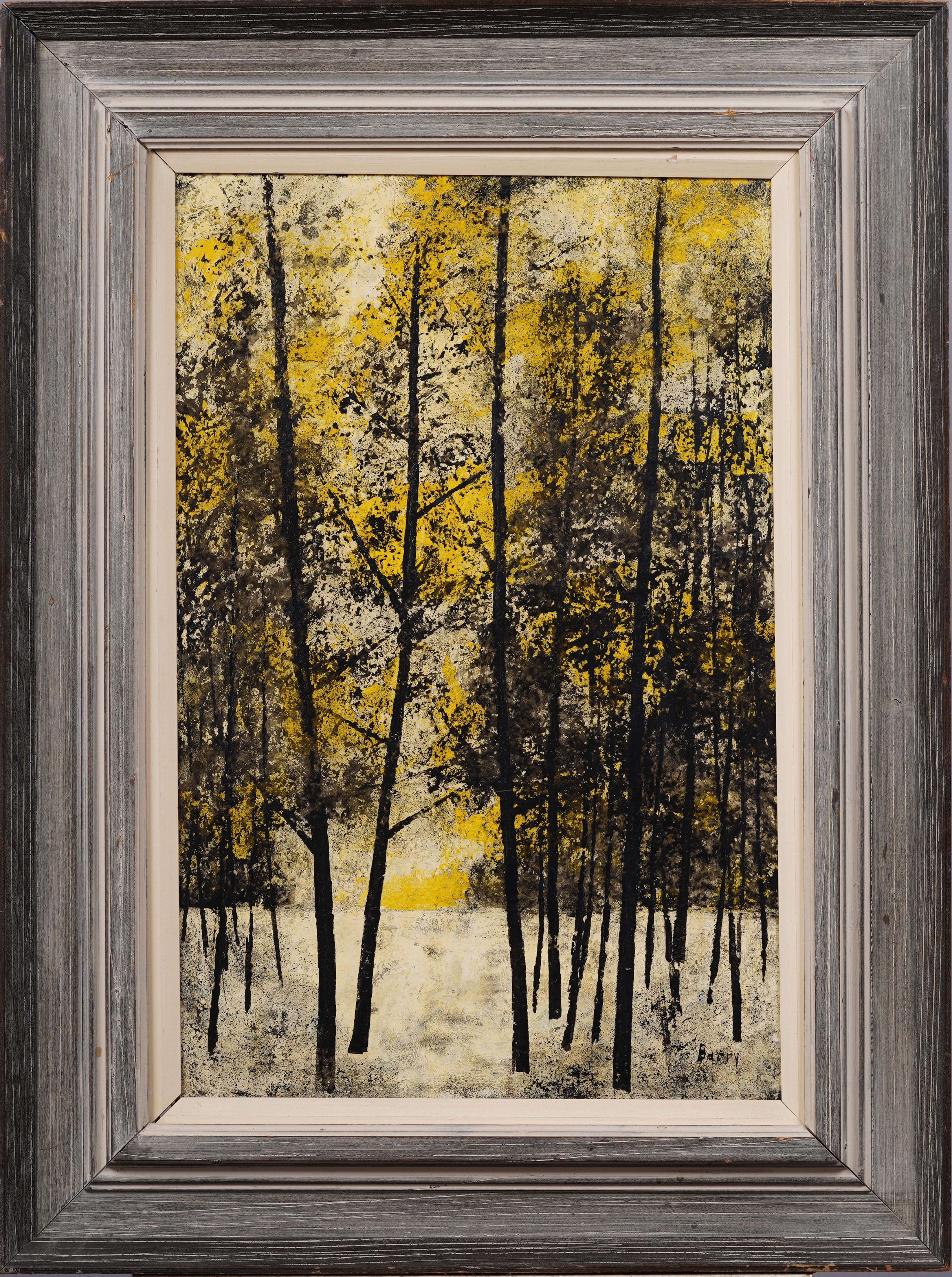 Abstract Painting di Frank Barry - Grande dipinto ad olio antico modernista americano astratto con cornice, paesaggio forestale