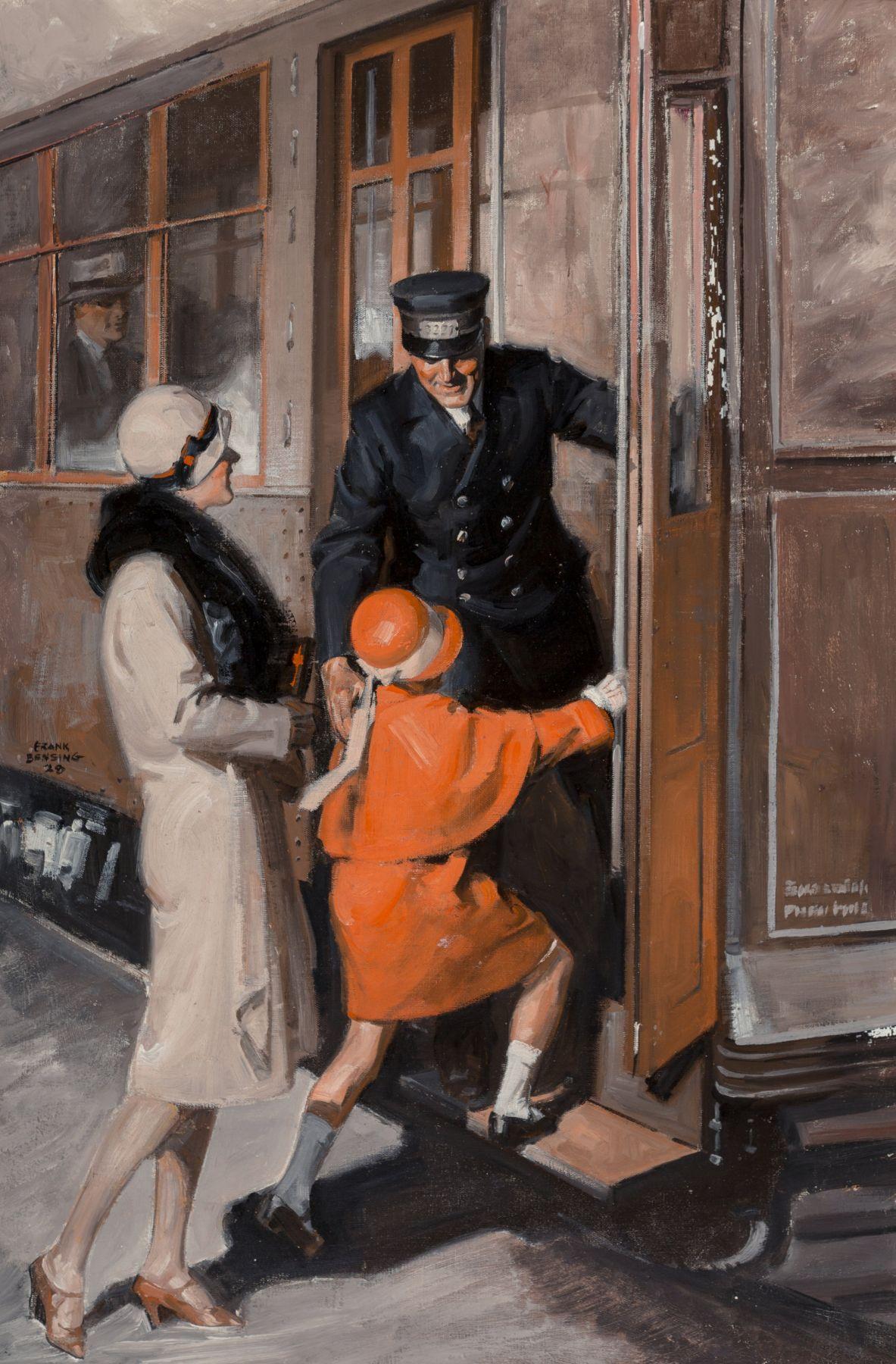 Frank Bensing Figurative Painting - Catching the Train, 1928