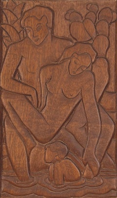 Antique Hawaiian Tropical Figurative Wood Relief Family in Paradise 