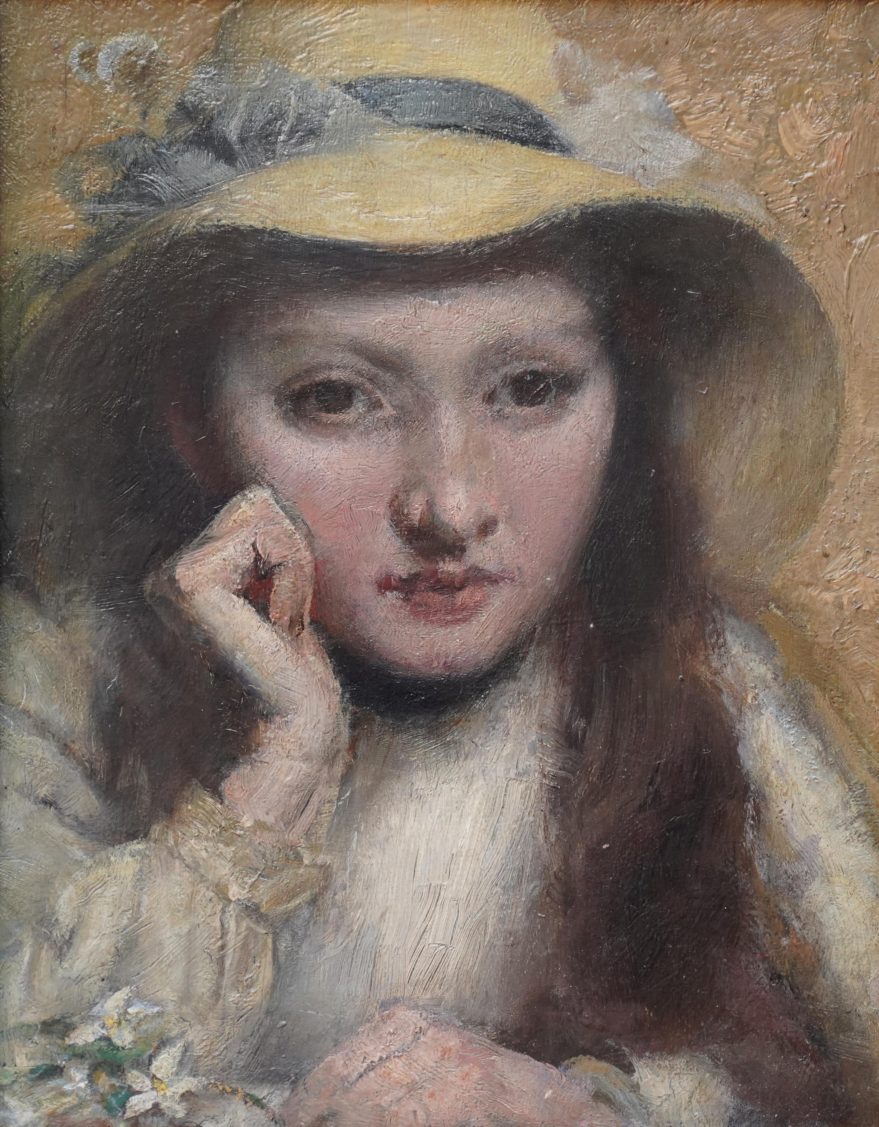 Retrato de chica con sombrero de paja - Arte victoriano británico Pintura al óleo de la Newlyn School - Painting de Frank Bramley