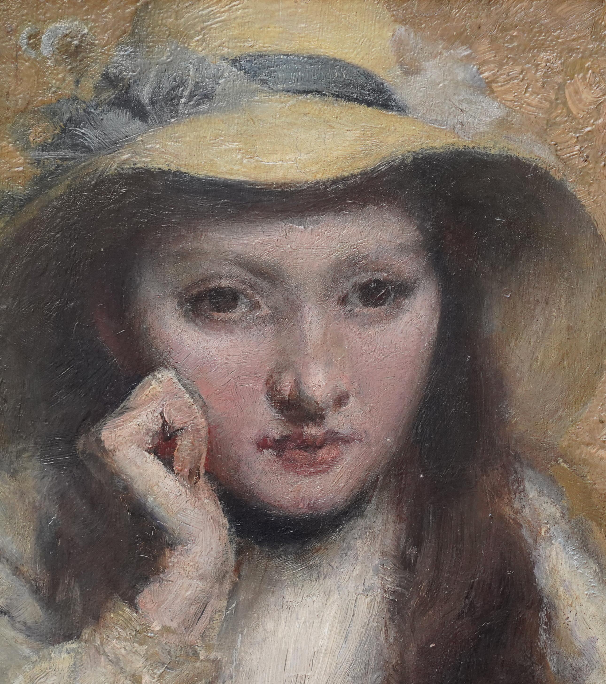 Newlyn School, circle of Frank Bramley is the attribution for this lovely Victorian portrait oil painting. Painted circa 1890 on panel, it is a head and shoulders portrait of a young girl in a straw hat. There is strong brushwork and good heavy