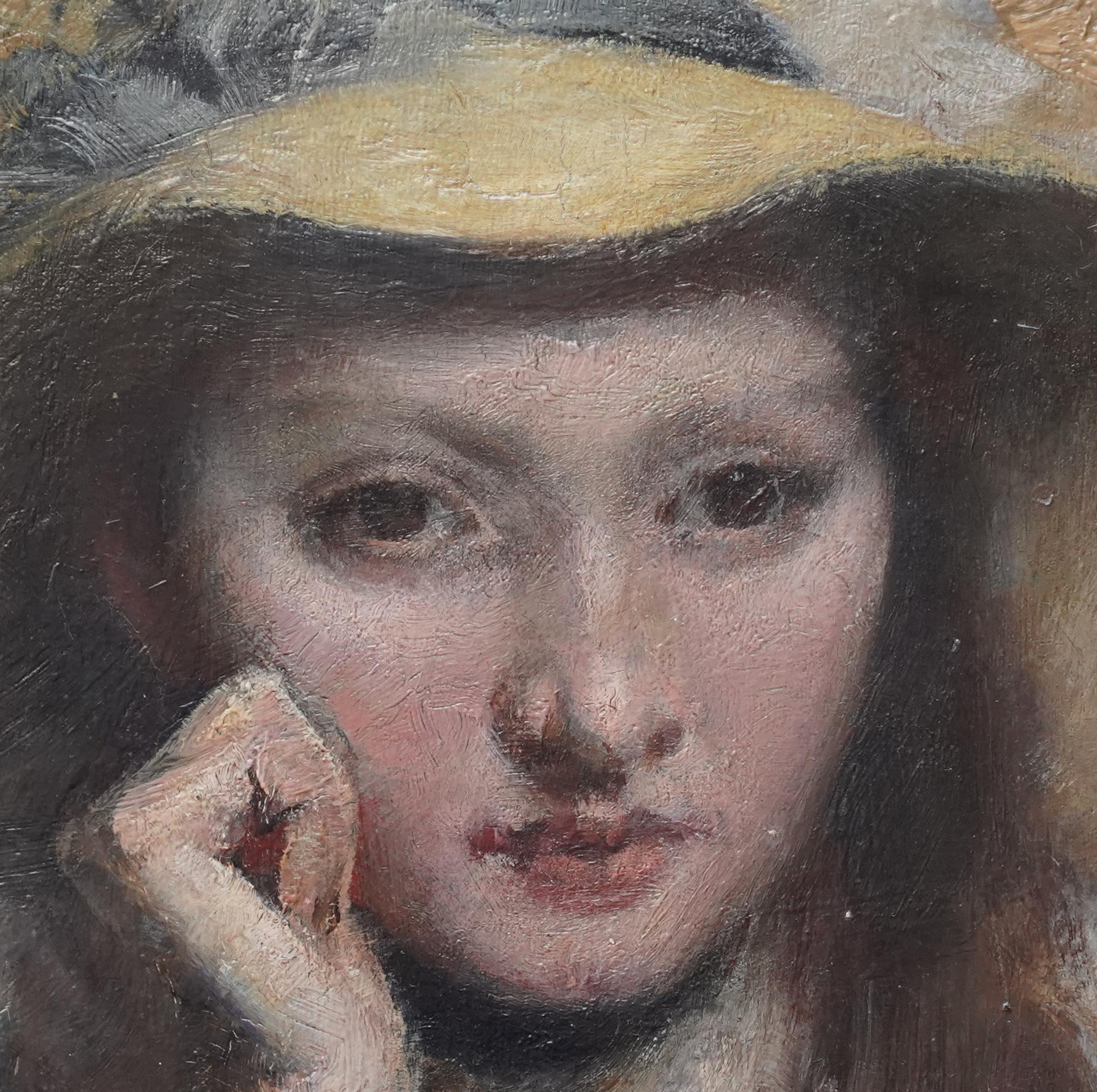 Portrait of Girl in Straw Hat - British Victorian art Newlyn School oil painting For Sale 1