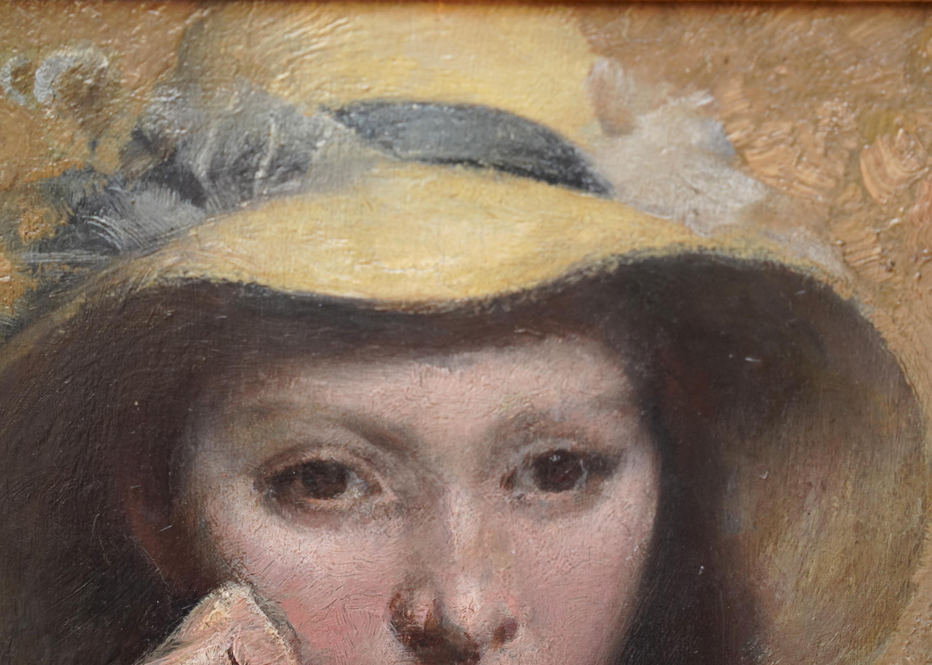 Portrait of Girl in Straw Hat - British Victorian art Newlyn School oil painting For Sale 2