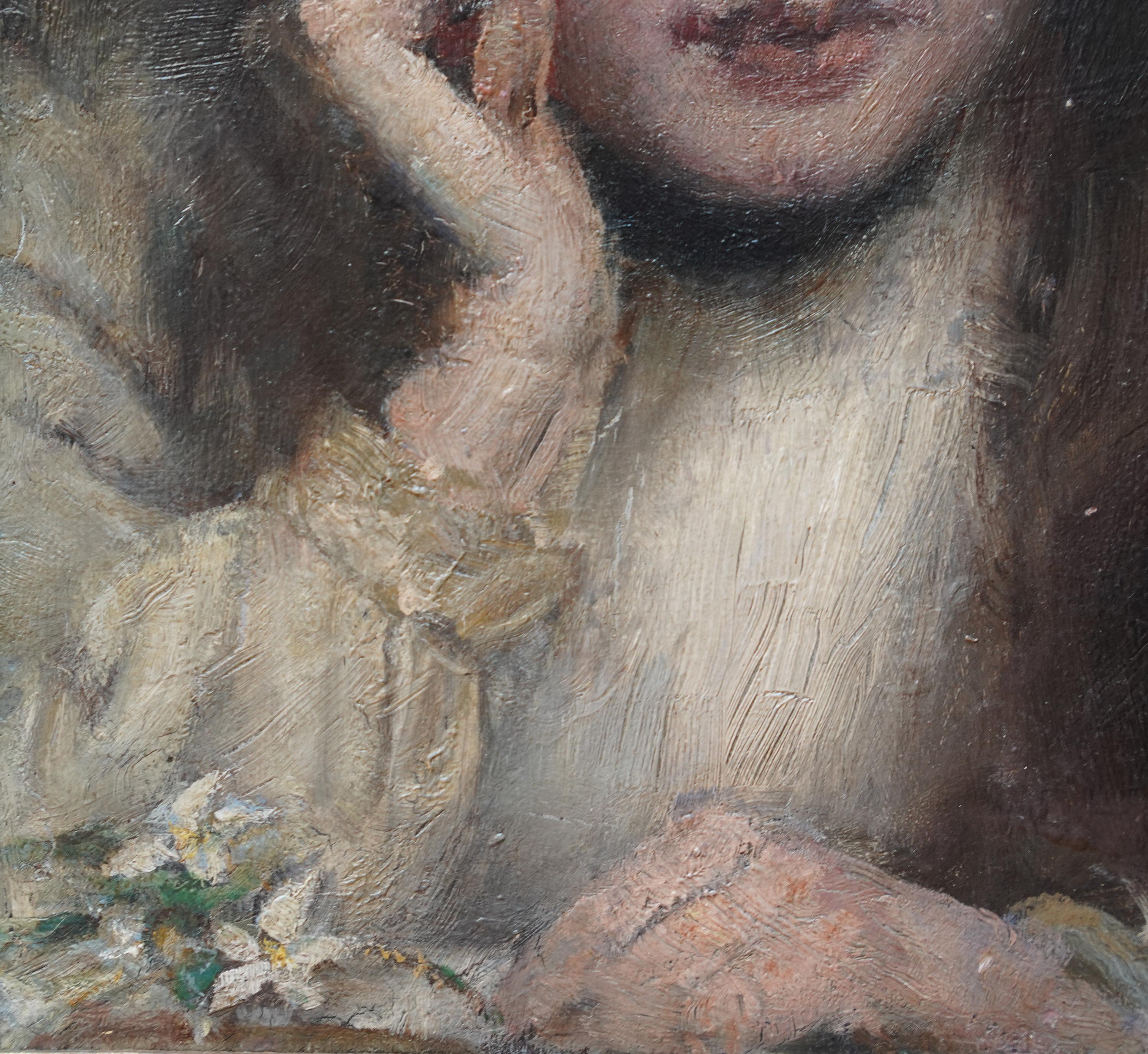 Portrait of Girl in Straw Hat - British Victorian art Newlyn School oil painting For Sale 3