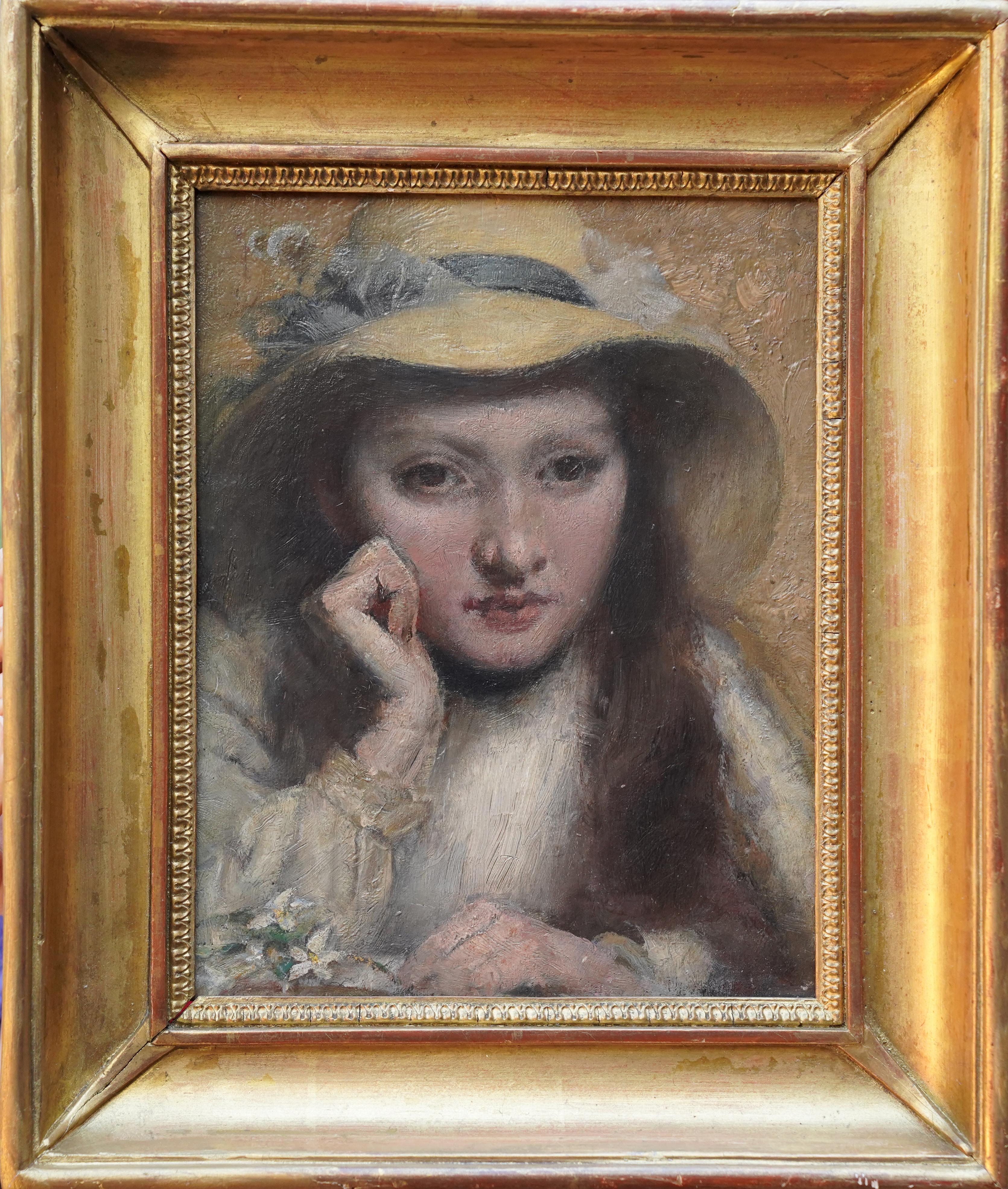Portrait of Girl in Straw Hat - British Victorian art Newlyn School oil painting