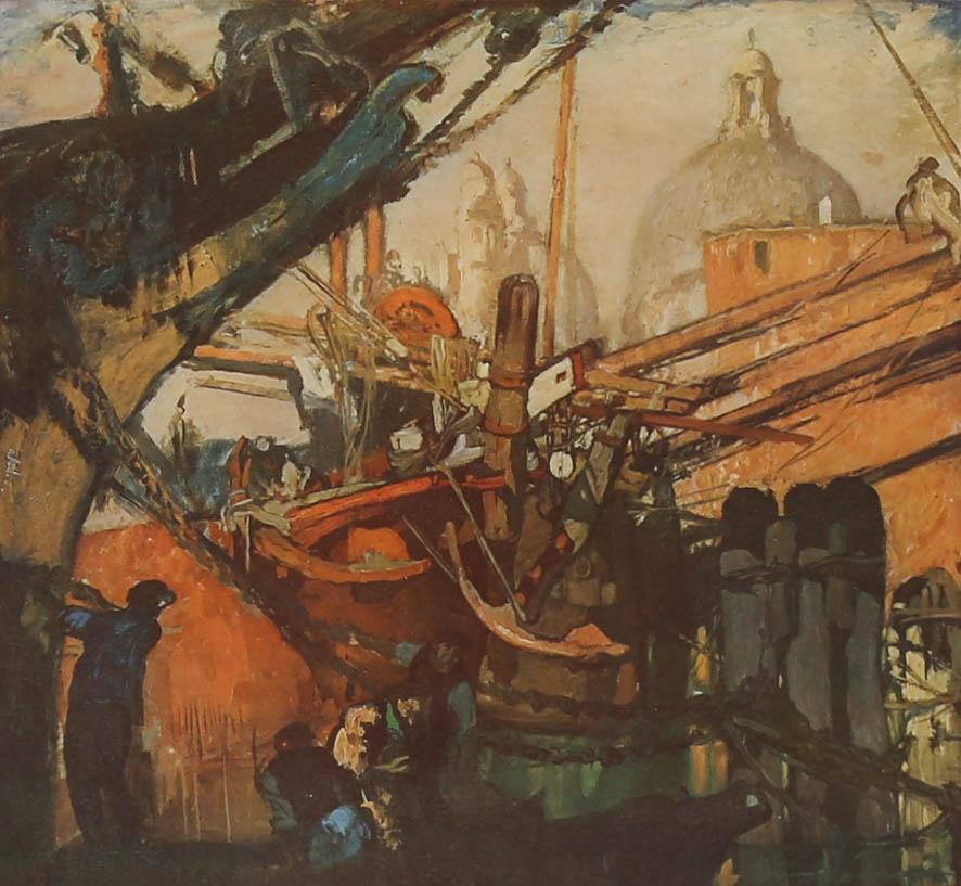 A striking early 20th century lithograph depicting the Santa Maria della Salute . Signed in graphite to the lower right. Printed by Knighton & Cutts. Well presented in a glazed Hogarth style frame. On paper.
