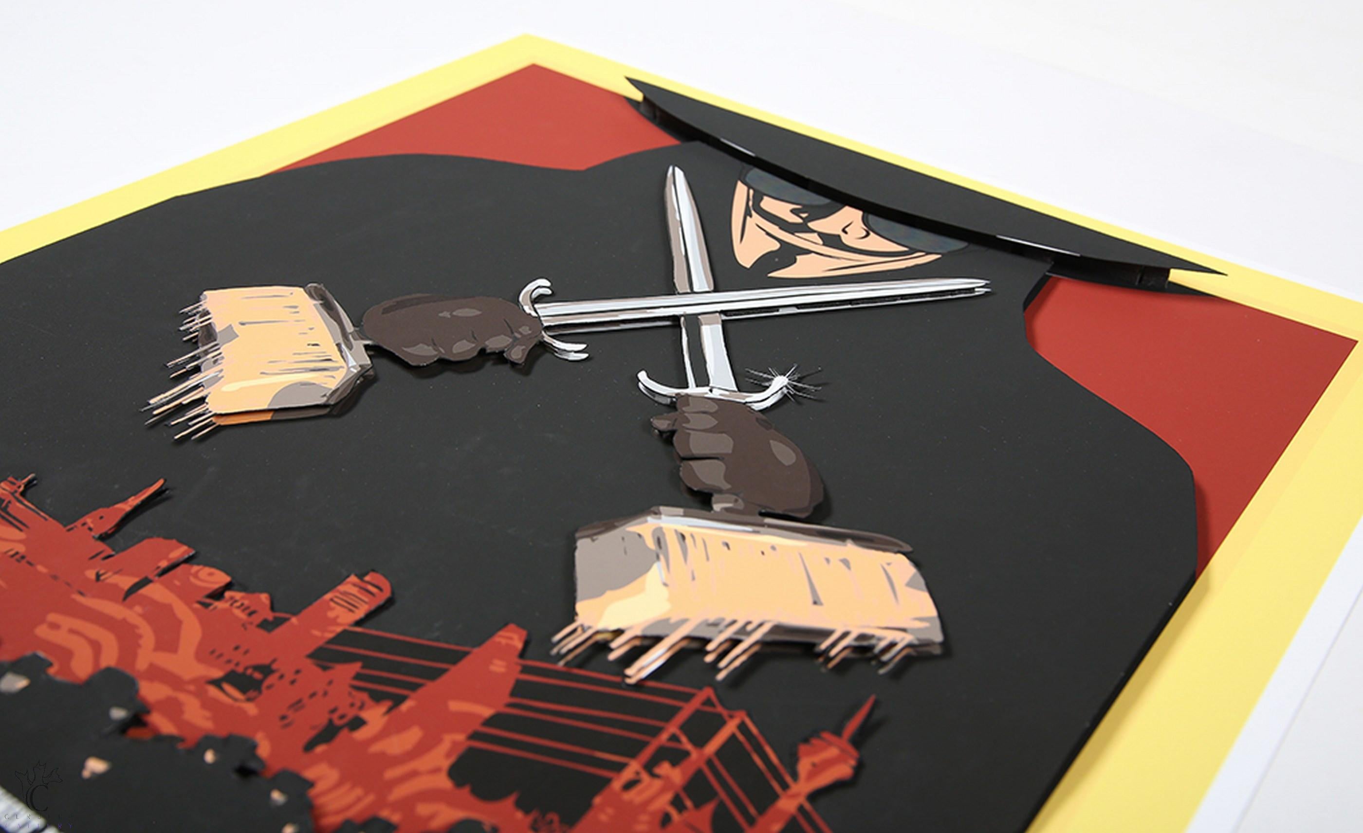 Frank Brenner
Badboy Vendetta (Guy Fawkes, Gunpowder Plot, David Lloyd, Anarchy, Catholic and Protestant clashes, Graffiti, Urban Art, Street Art) 
3D Construction on Hahnemühle Velvet 
2021
Size: 24x17.3x0.4in 
Edition: 25
Signed and numbered by