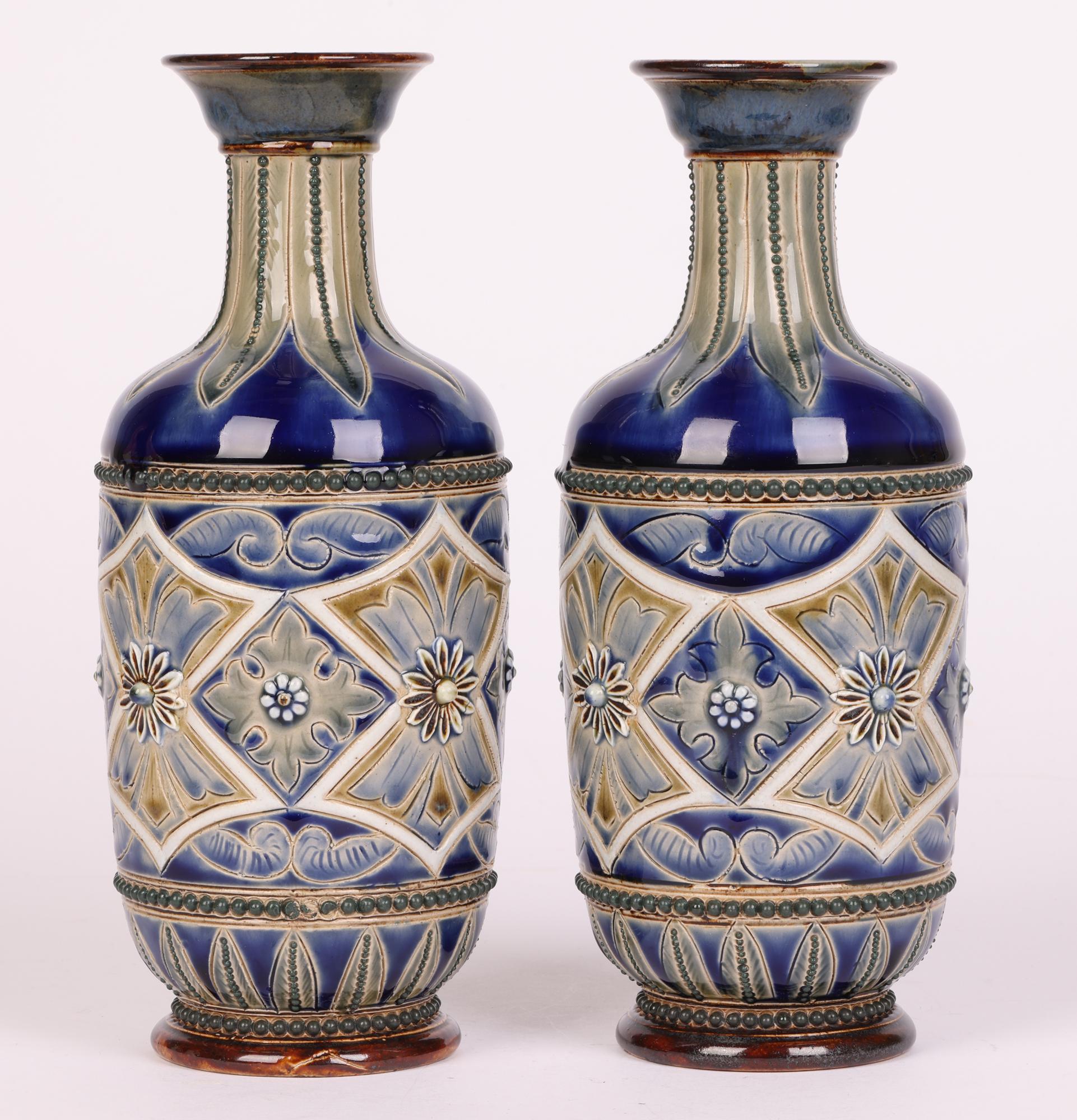 Frank Butler Doulton Lambeth Aesthetic Movement Pair Art Pottery Vases 1882 1