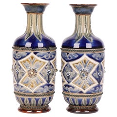 Frank Butler Doulton Lambeth Aesthetic Movement Pair Art Pottery Vases 1882