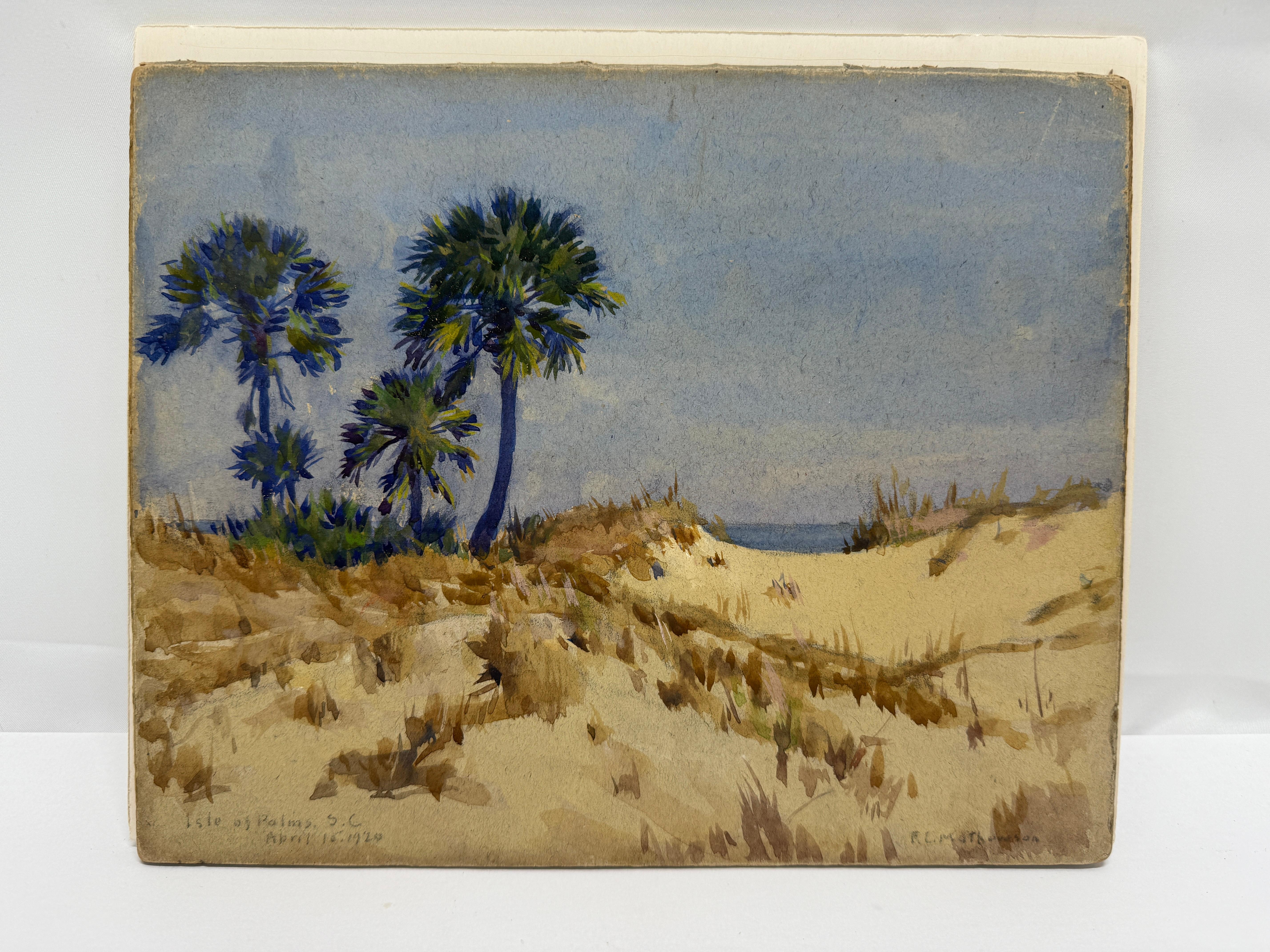 Frank Convers Mathewson (American, 1862–1941)
Dune Palmettos, Isle of Palms, April 15, 1920
Watercolor on board

A luminous plein-air coastal study by Rhode Island artist Frank Convers Mathewson, this 1920 watercolor captures the windswept