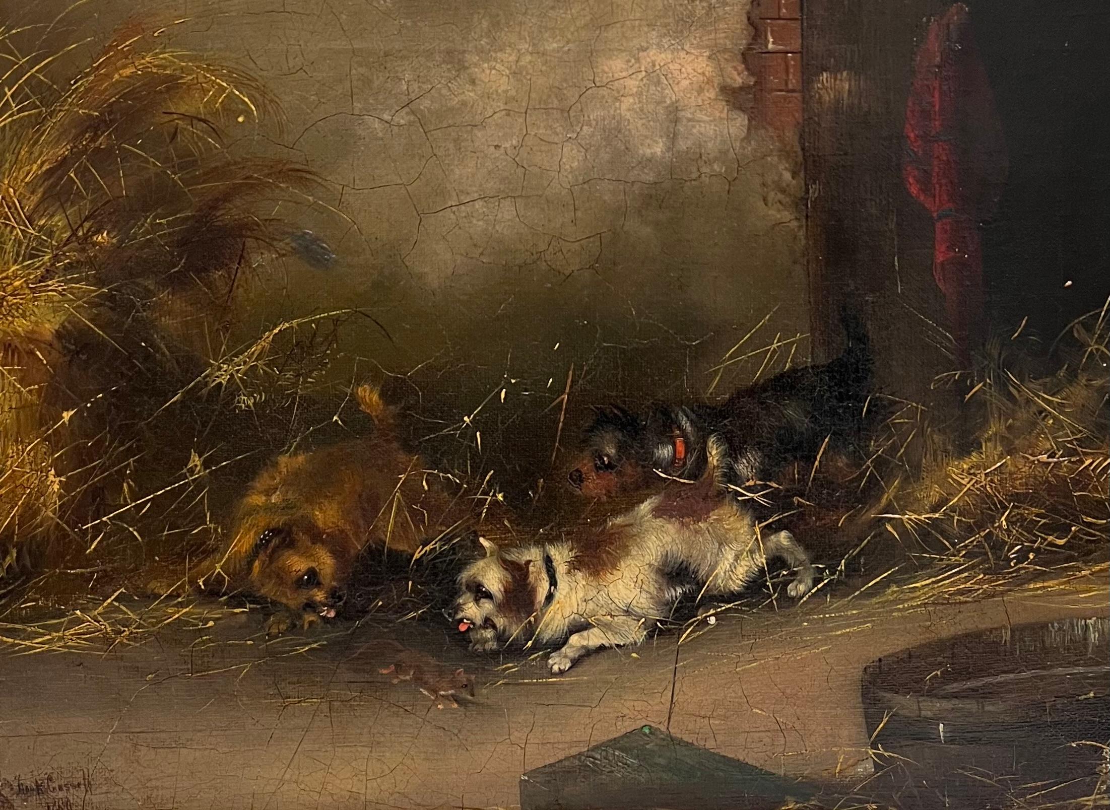 Antike Englisch Sporting Art Ölgemälde Terrier Hunde Ratting in Barn Stable – Painting von Frank Cassell