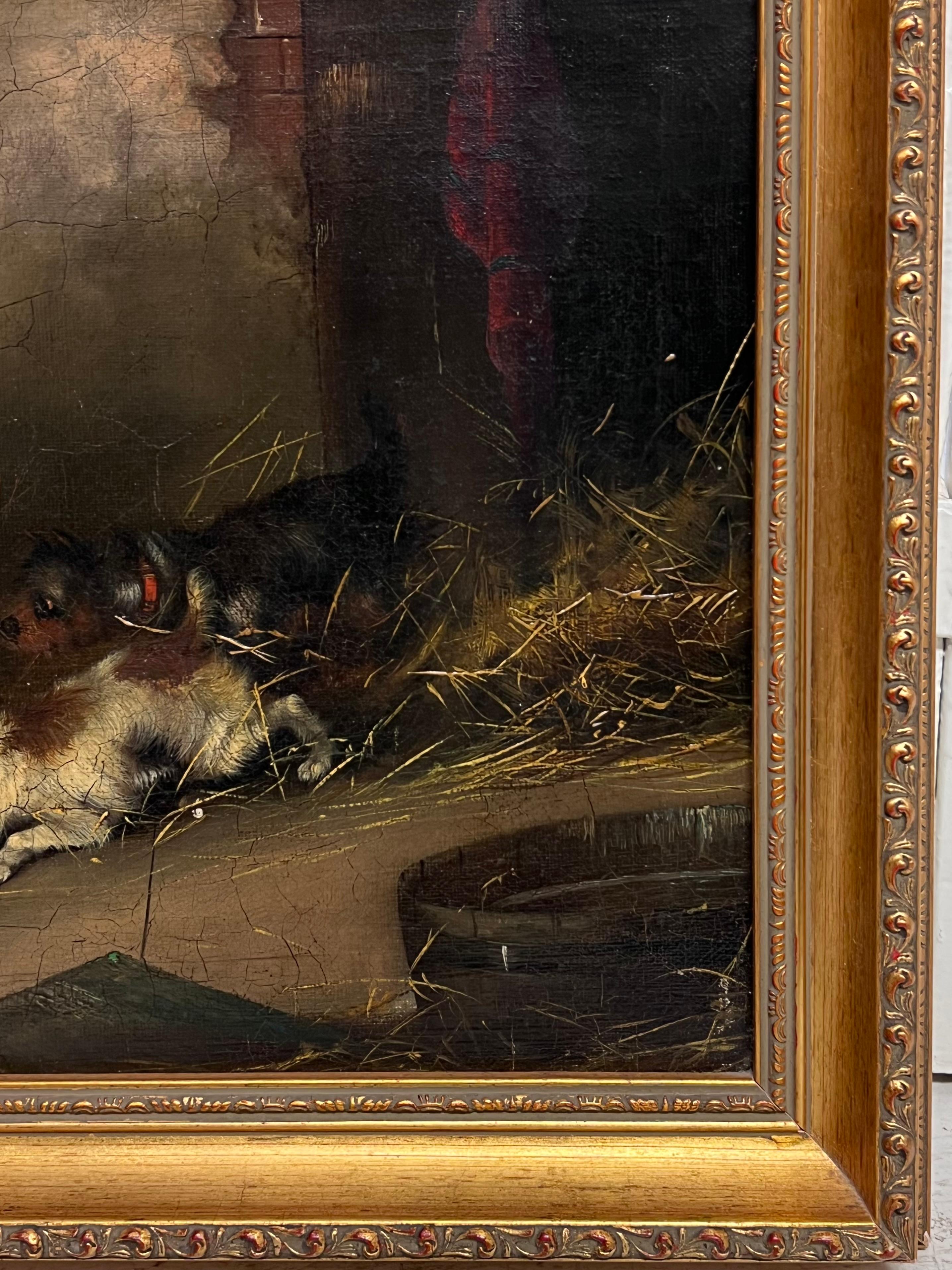 Antike Englisch Sporting Art Ölgemälde Terrier Hunde Ratting in Barn Stable (Viktorianisch), Painting, von Frank Cassell