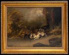 Antique English Sporting Art Oil Painting Terrier Dogs Ratting in Barn Stable