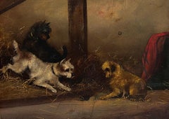 Fine Victorian Dog Oil Painting Terriers chasing Rat in Barn Stable Interior