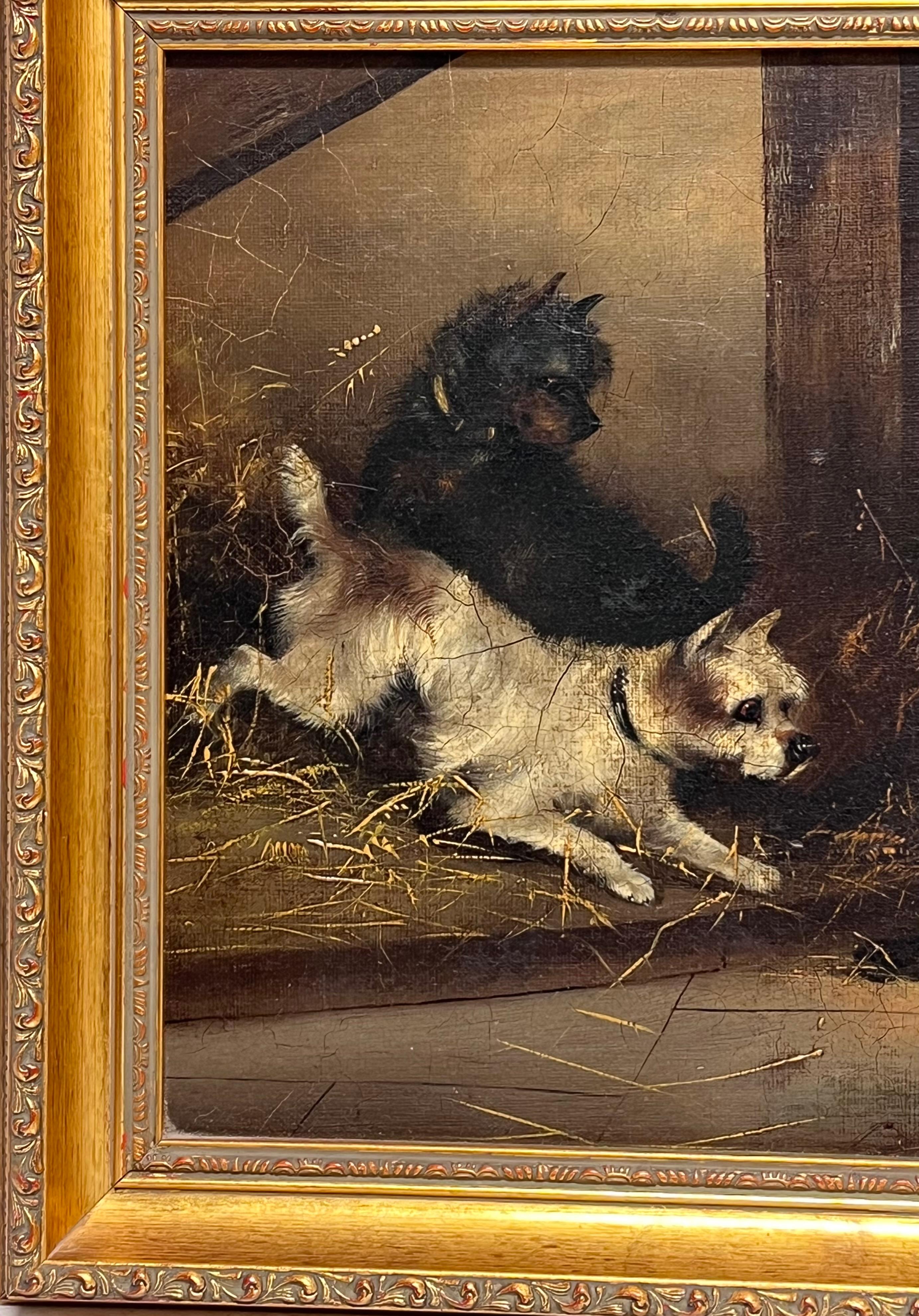 Fine Victorian Dog Oil Painting Terriers chasing Rat in Barn Stable Interior (peinture à l'huile de chiens chassant le rat dans une étable) en vente 1