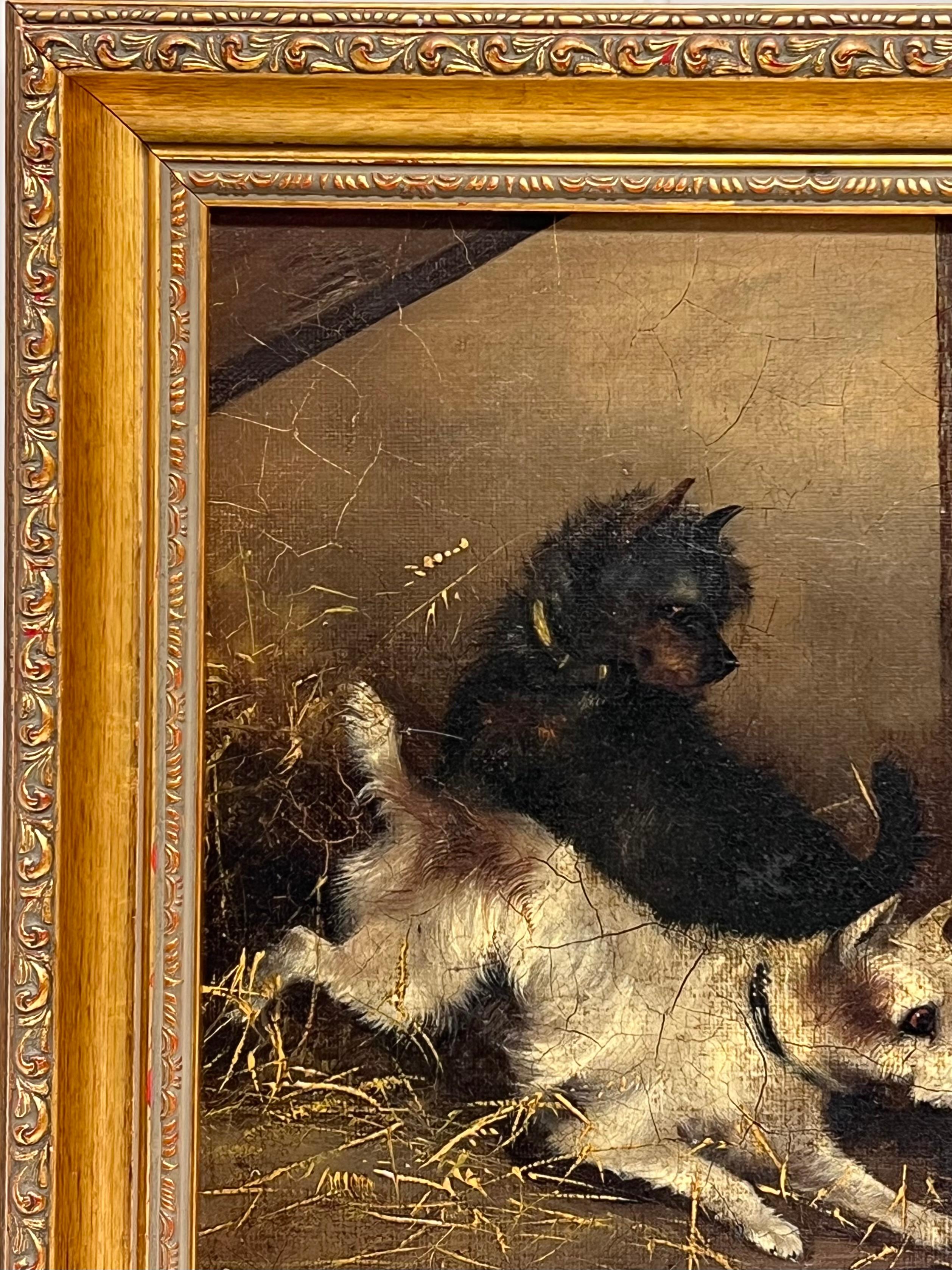 Fine Victorian Dog Oil Painting Terriers chasing Rat in Barn Stable Interior (peinture à l'huile de chiens chassant le rat dans une étable) en vente 2