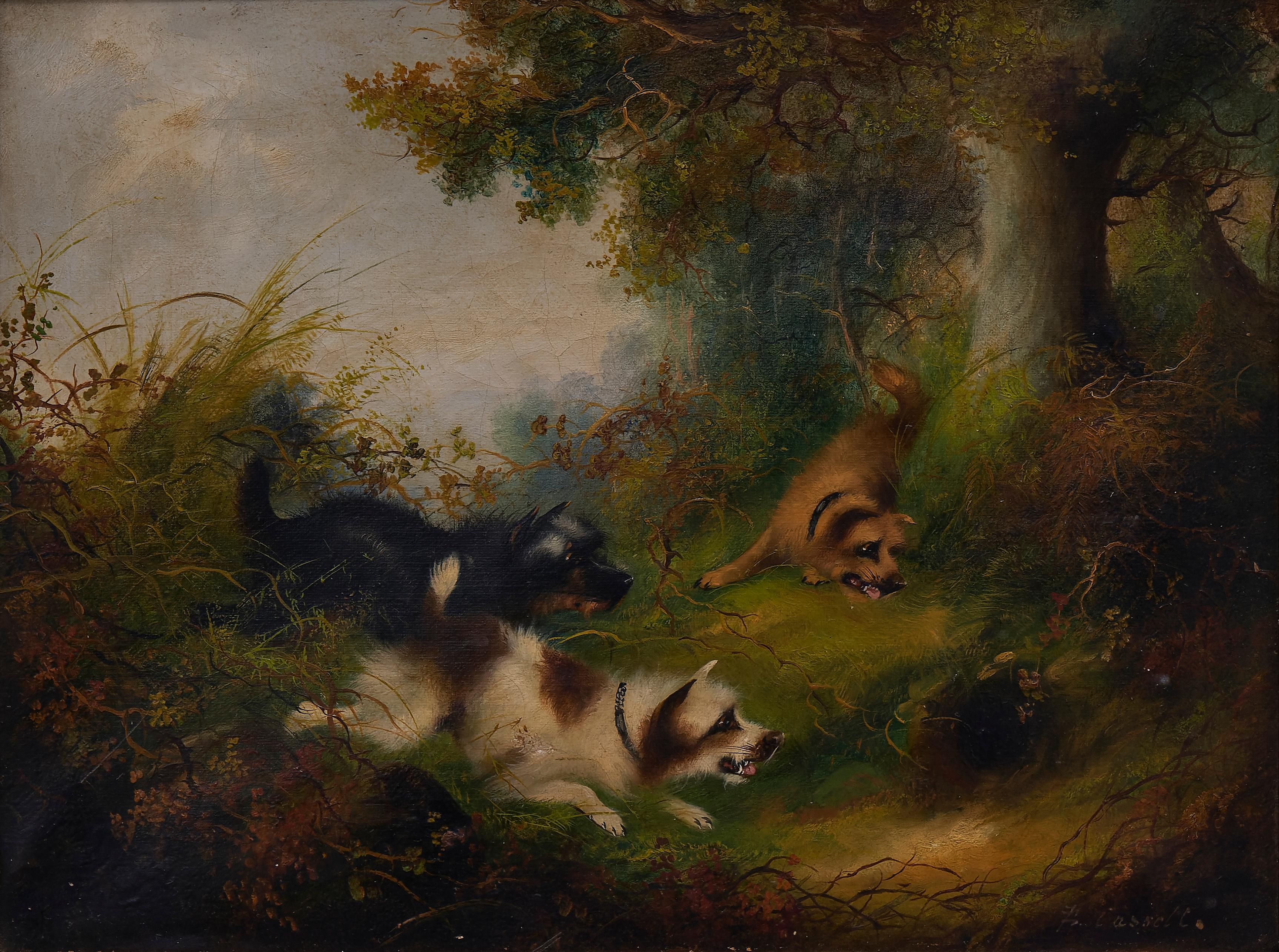 Frank Cassell Paesaggio boschivo della fine del XIX secolo con terrier a caccia in vendita 2