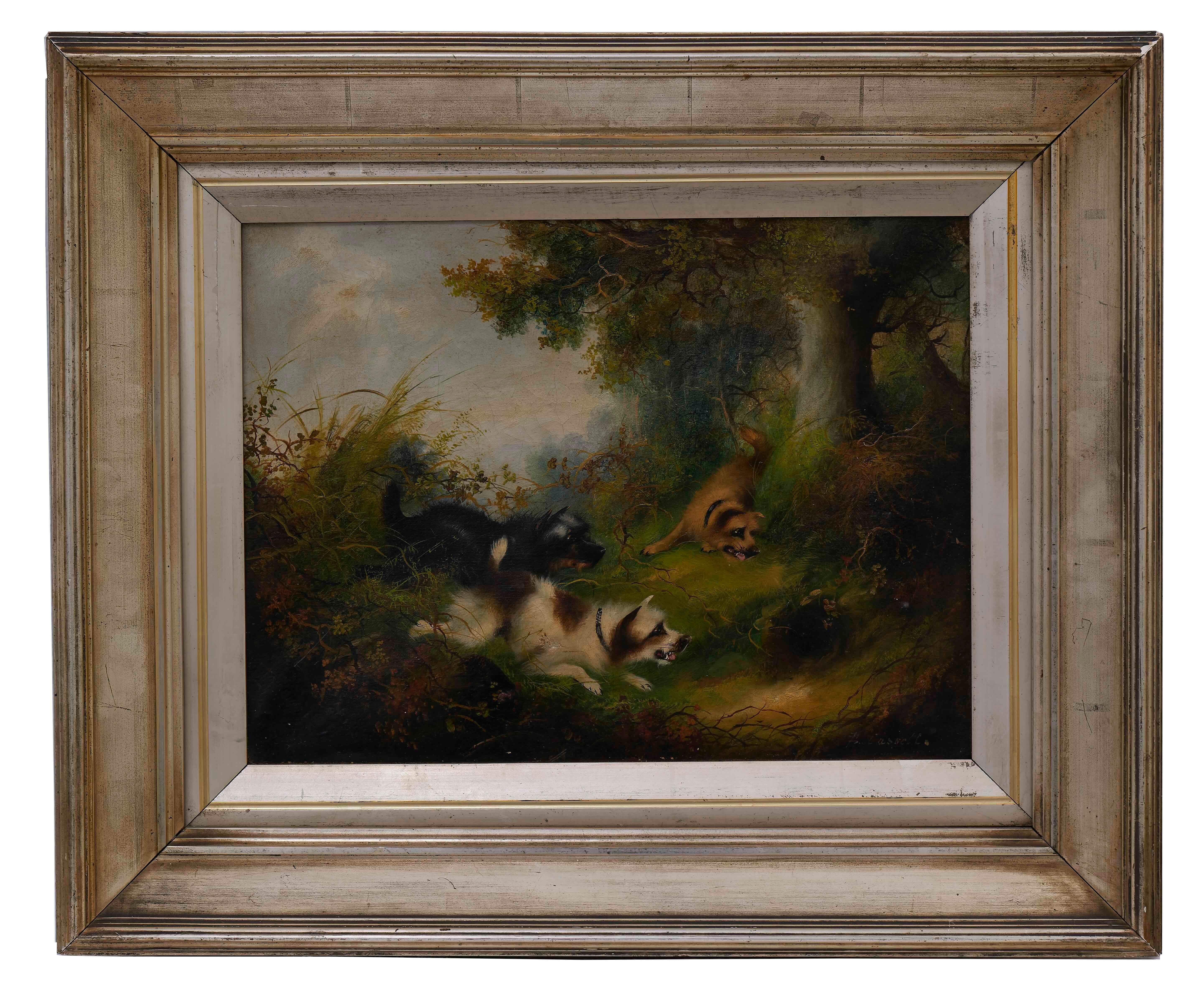 Frank Cassell 

Paesaggio boschivo della fine del XIX secolo con terrier a caccia

Dipinti a olio su tela

12" x 16" senza cornice

20" x 24" incorniciato