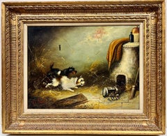 Terrier Dogs chasing Rat in Stable Barn Interior signed English Oil Painting