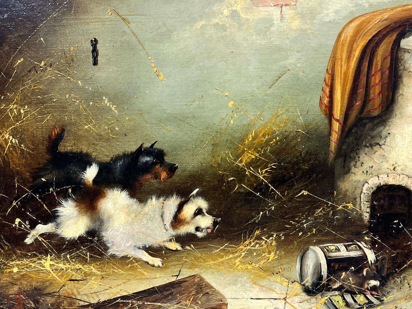 Terrier Dogs chasing Rat in Stable Barn Interior signed English Oil Painting  For Sale 1