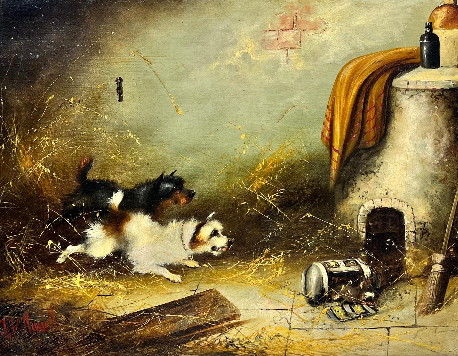 Frank Cassell Animal Painting - Terrier Dogs chasing Rat in Stable Barn Interior signed English Oil Painting 