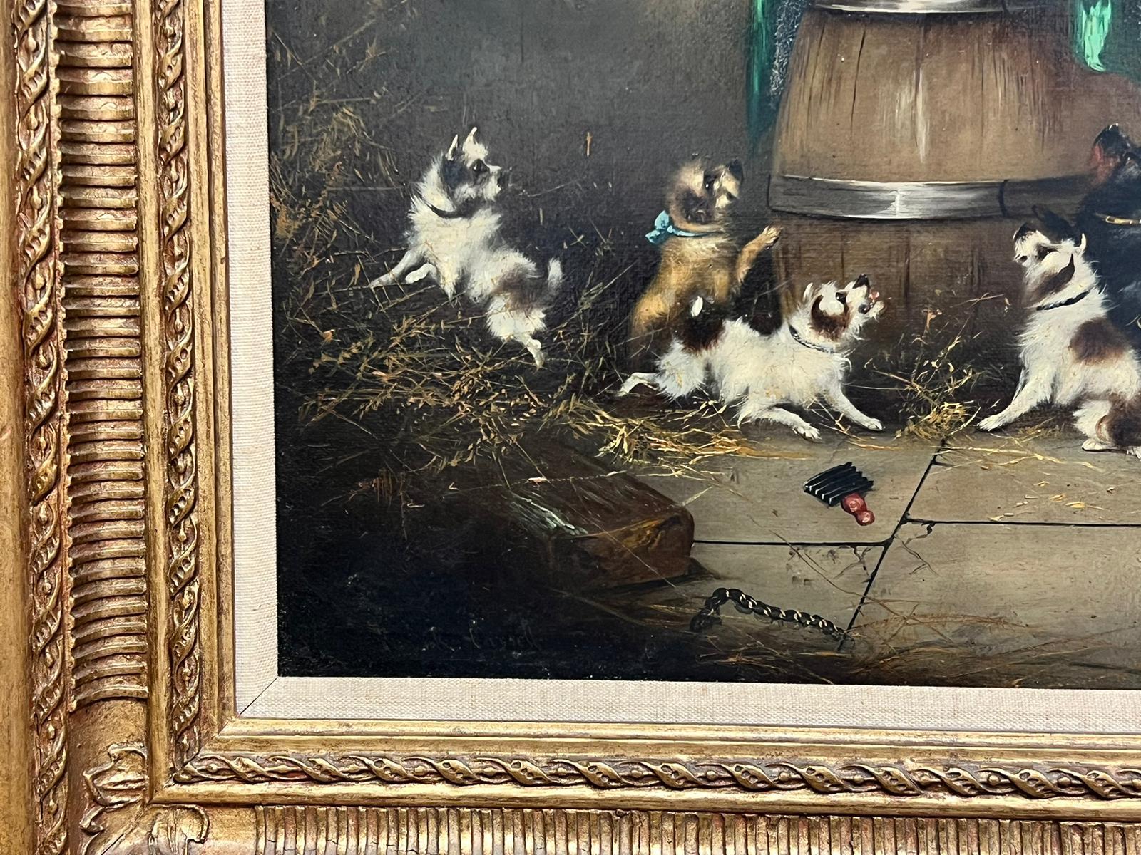 Terriers Ratting Barn Interior Victorian English Dog Oil Painting framed For Sale 1