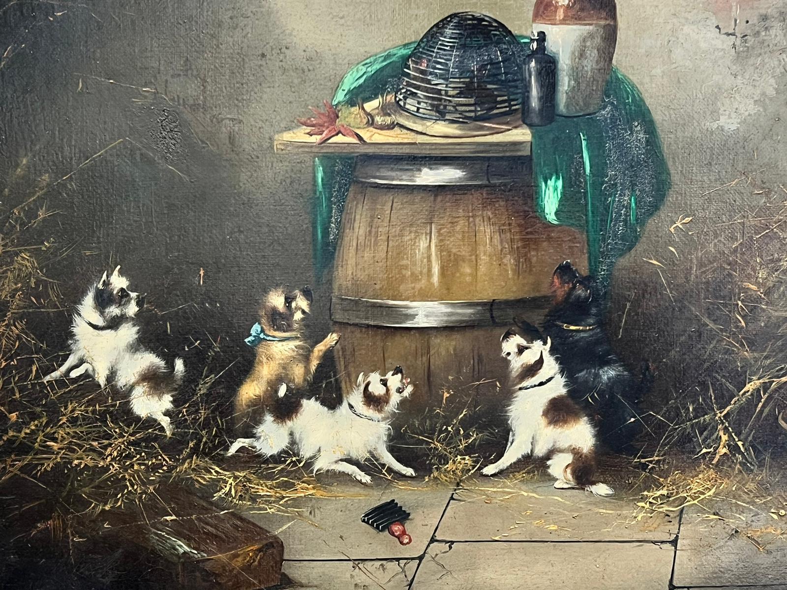 Terriers Ratting Barn Interior - Peinture à l'huile anglaise victorienne avec chien encadrée en vente 1