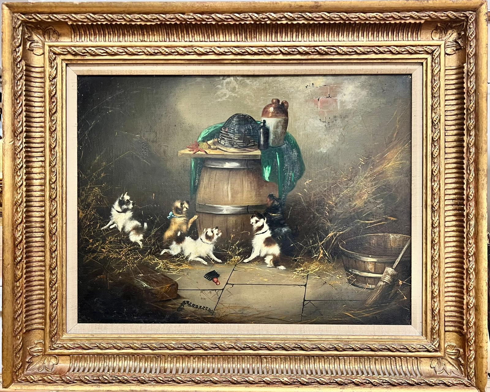 Frank Cassell Landscape Painting - Terriers Ratting Barn Interior Victorian English Dog Oil Painting framed