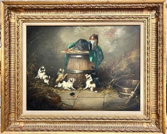 Terriers Ratting Barn Interior Victorian English Dog Oil Painting framed