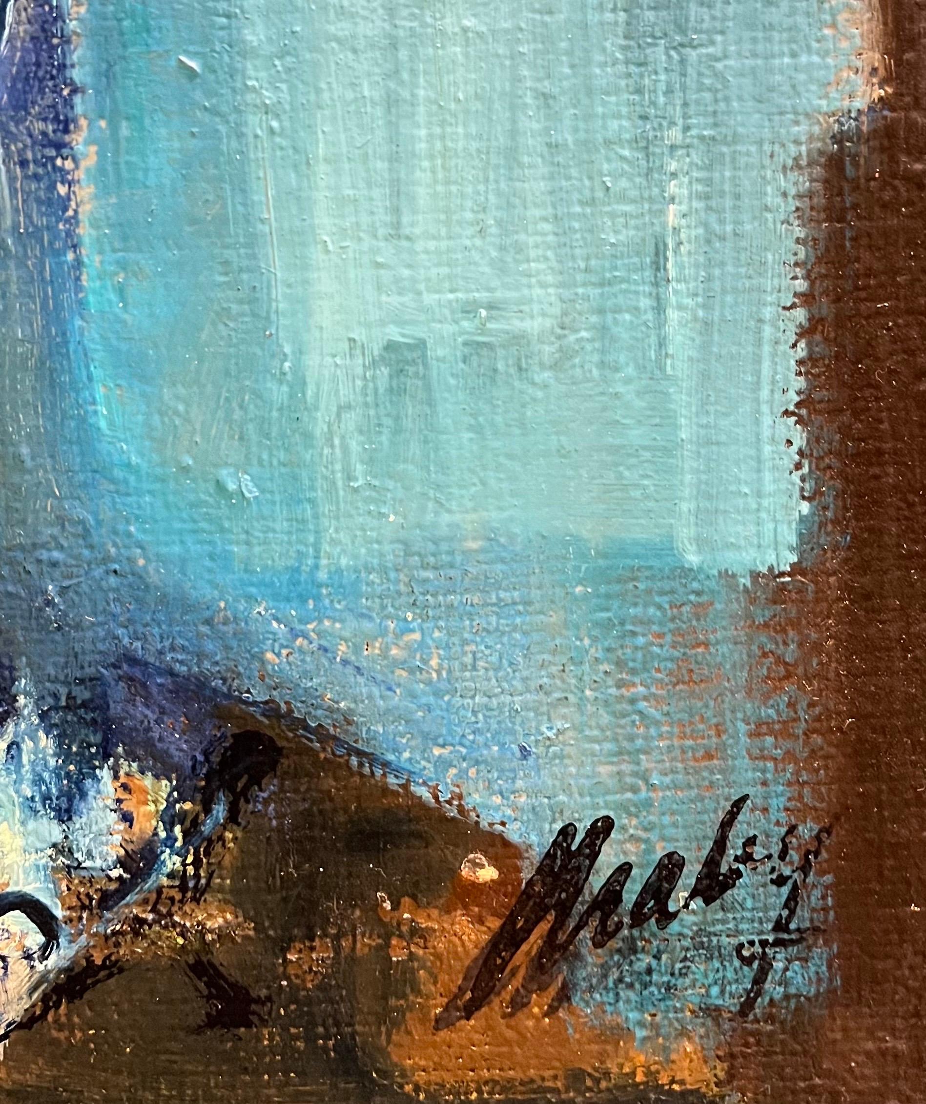 Signora in blu di Frank Chabry - Olio su tela 46x55 cm in vendita 1