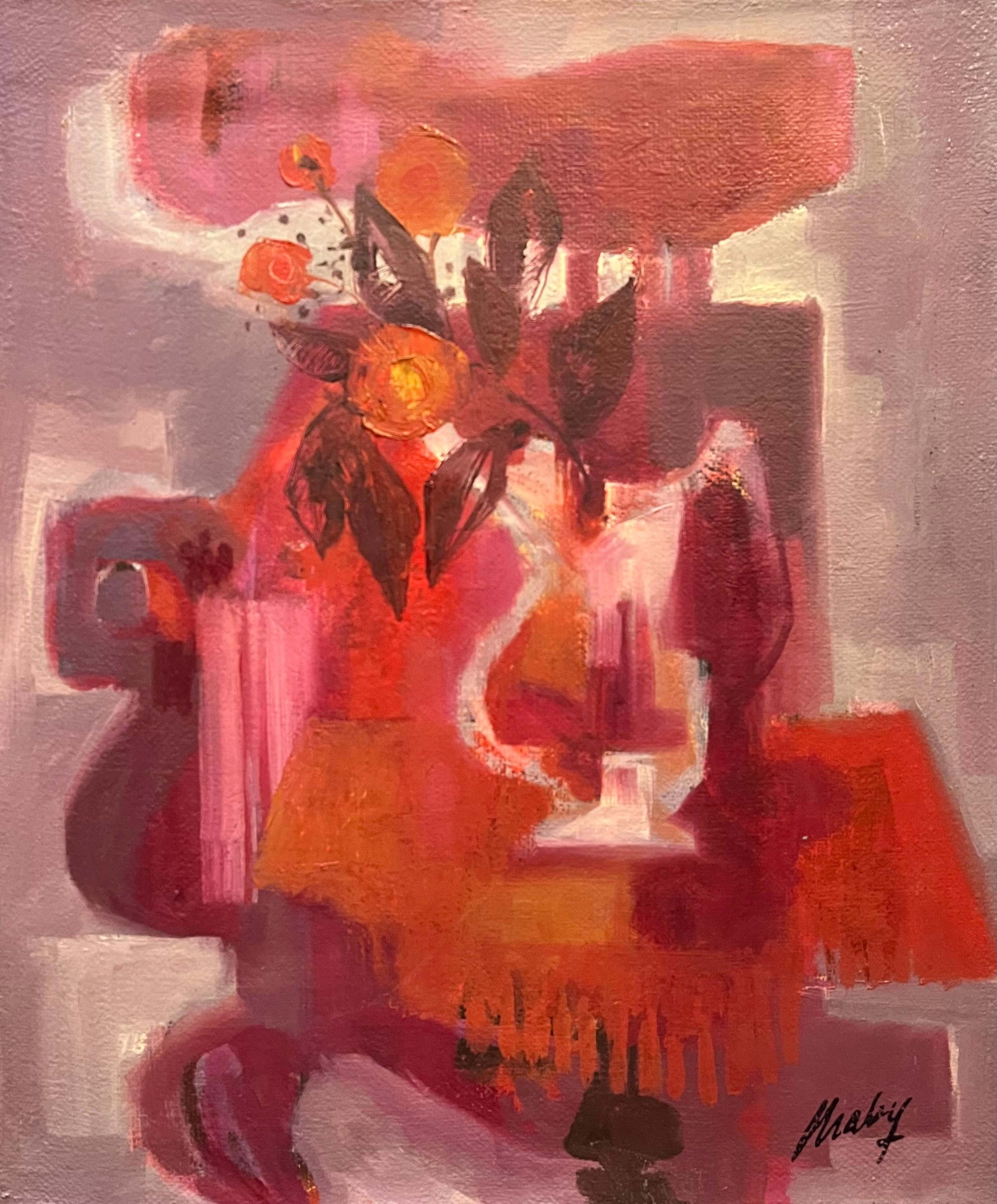 Bodegón rosa de Frank Chabry - Óleo sobre lienzo 54x65 cm en venta 1