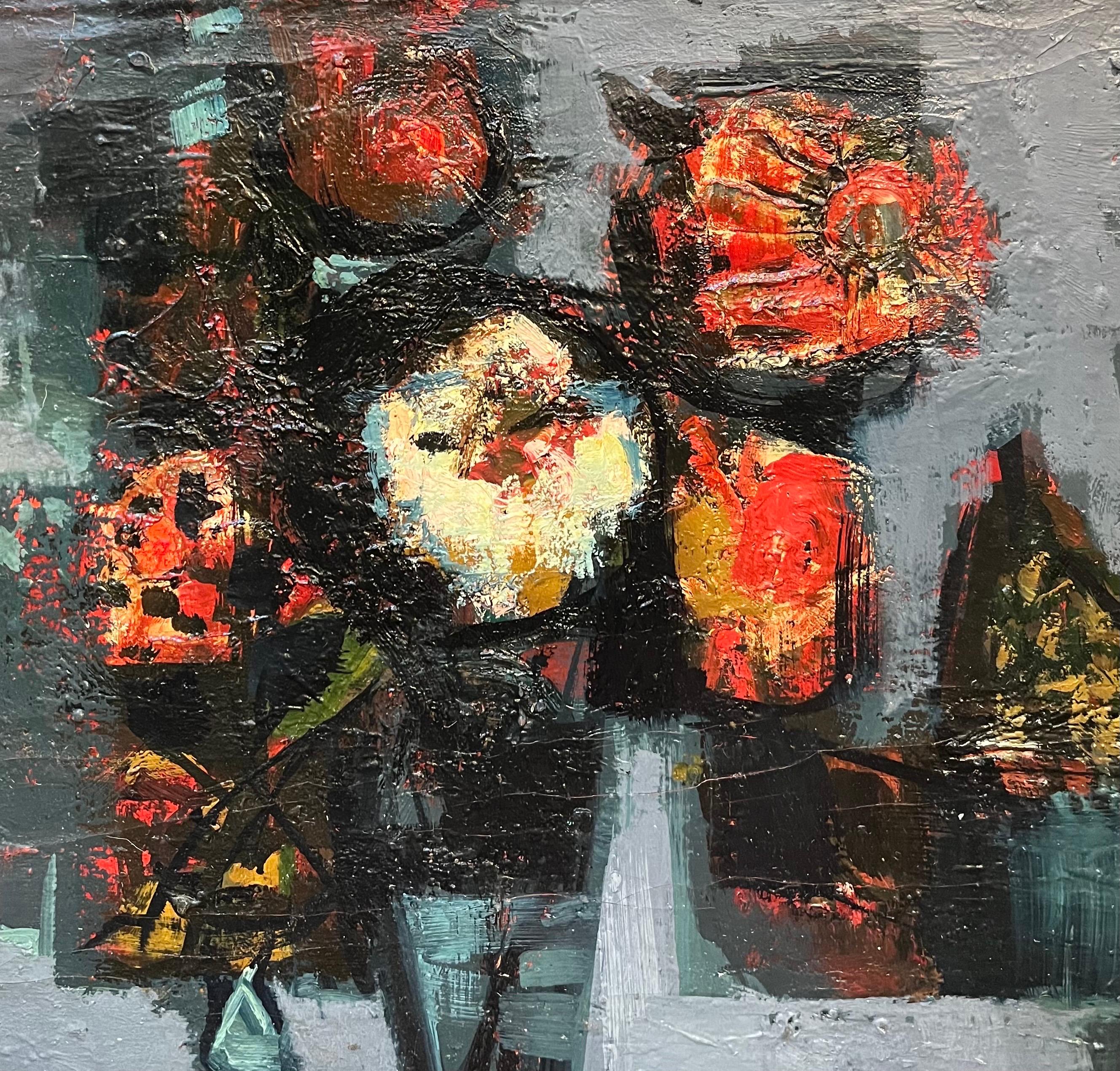 Bodegón con flores rojas de Frank Chabry - Óleo sobre lienzo 65x54 cm en venta 3
