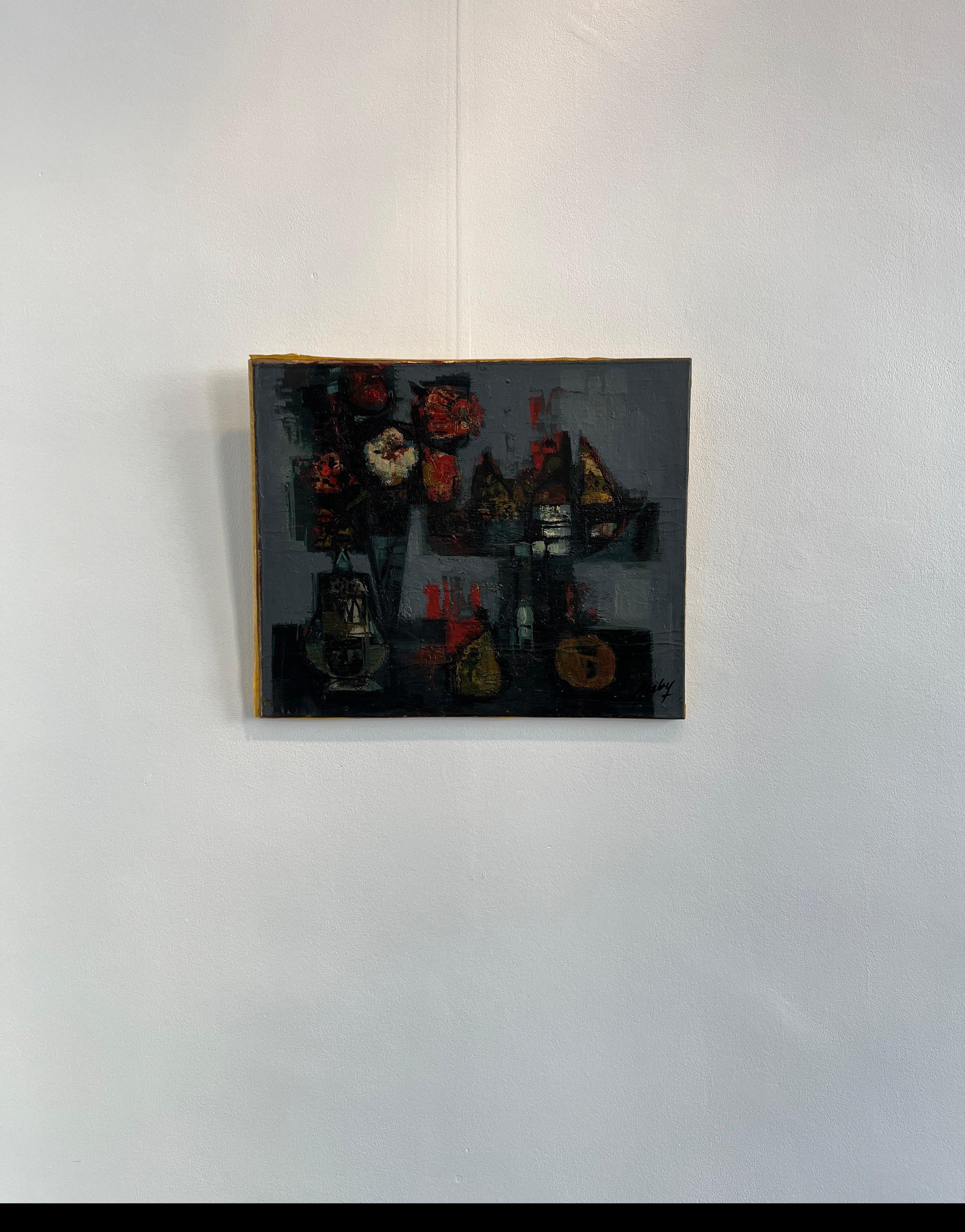 Bodegón con flores rojas de Frank Chabry - Óleo sobre lienzo 65x54 cm en venta 7